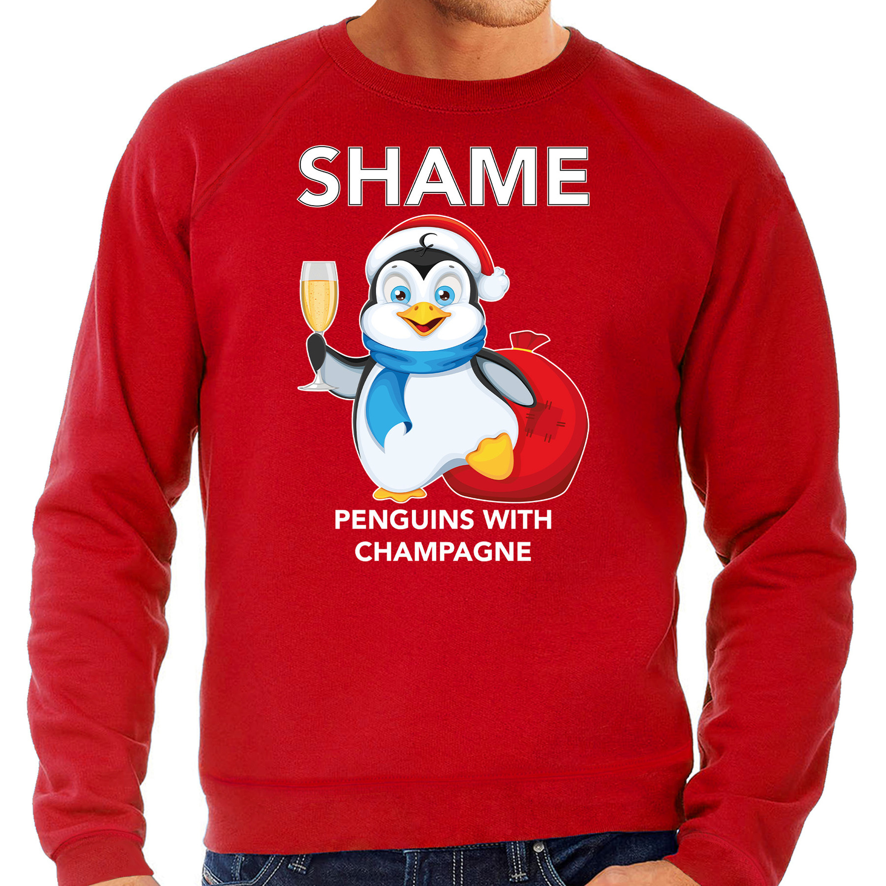 Rode Kersttrui-Kerstkleding met pinguin Shame penguins with champagne voor heren