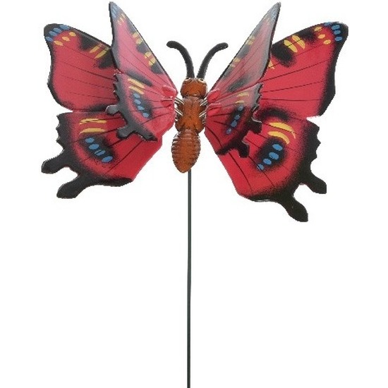 Rode metalen tuindecoratie vlinder op stok 17 x 60 cm