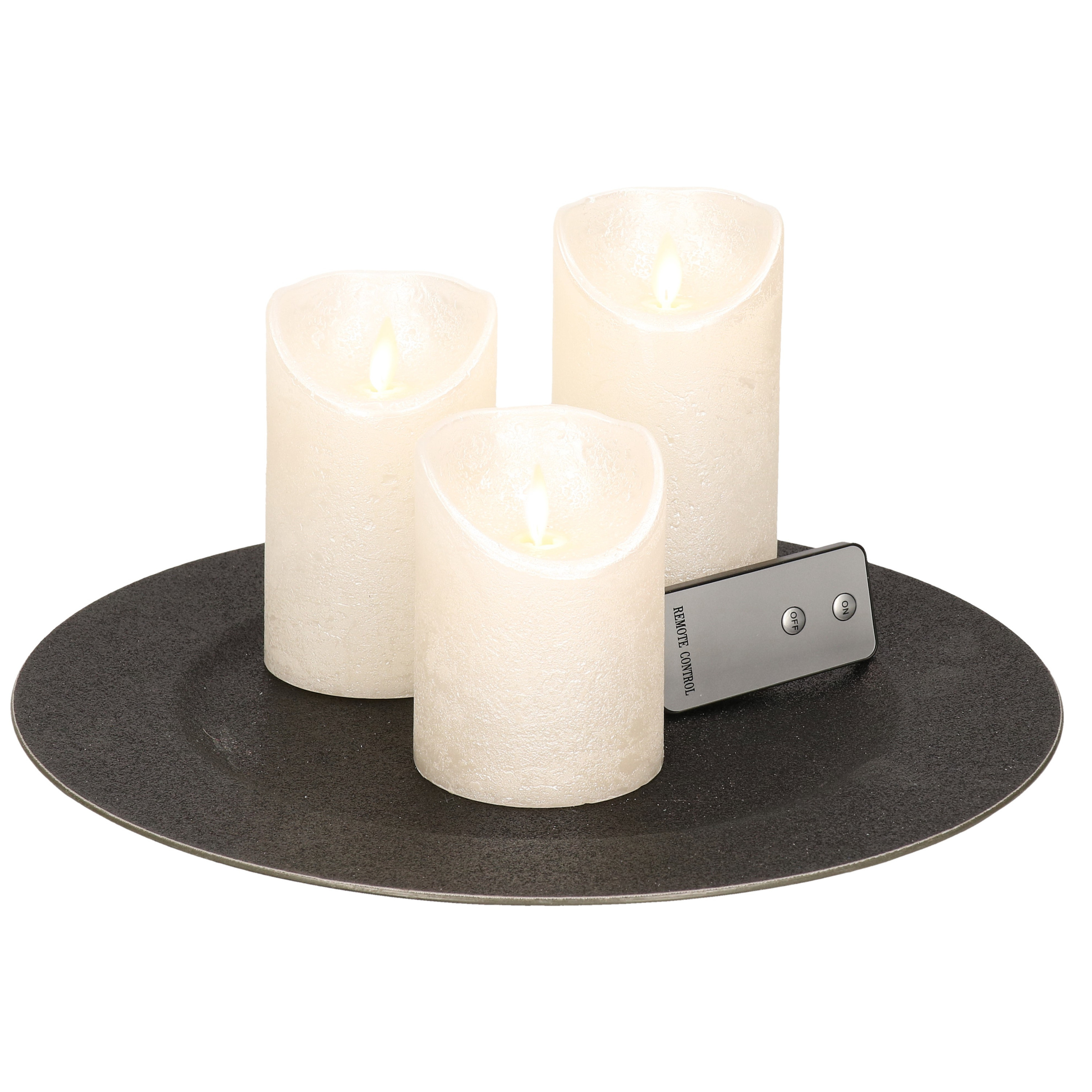 Ronde kaarsenplateau zwart van kunststof D33 cm met 3 parel witte LED-kaarsen 10-12,5-15 cm