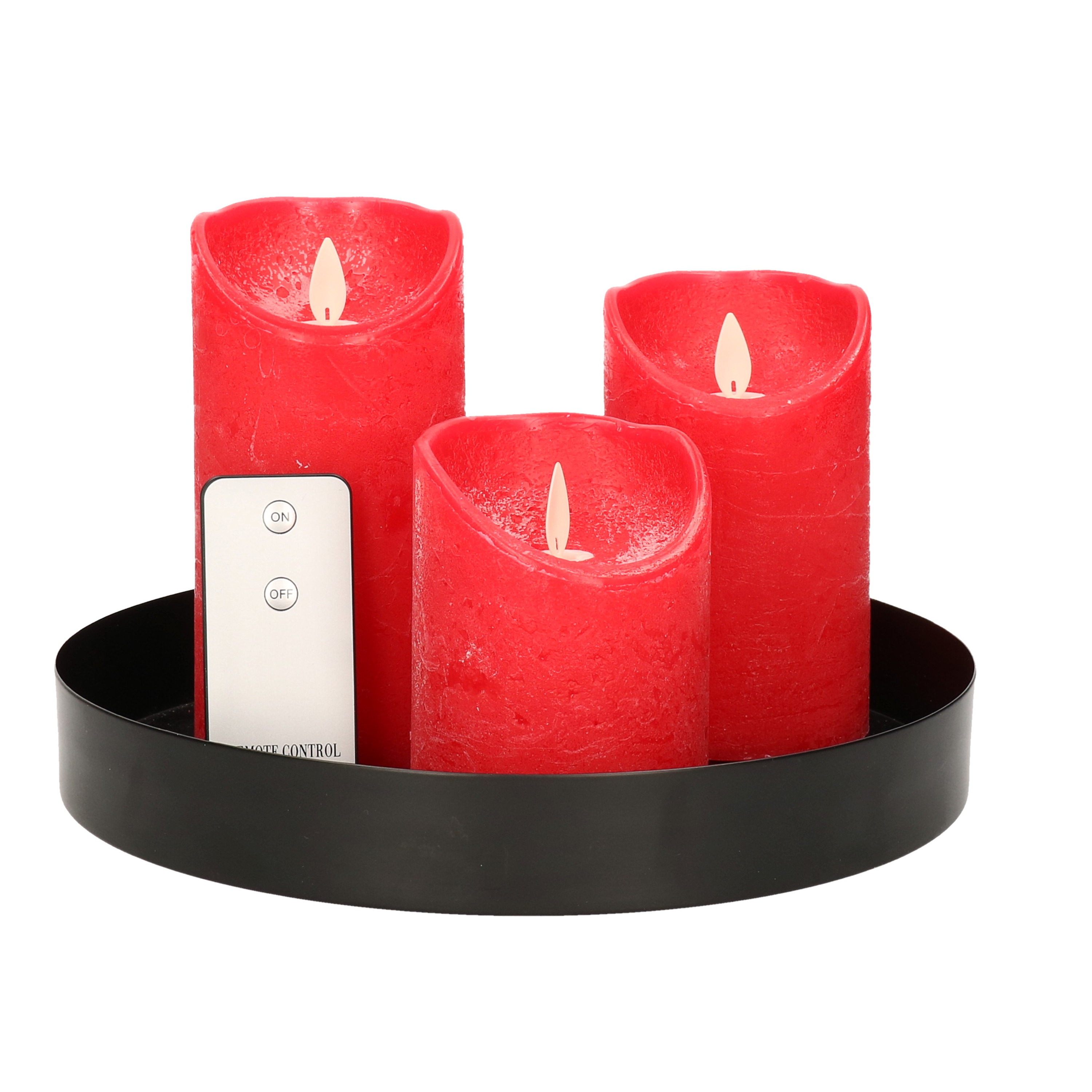 Ronde kaarsenplateau zwart van kunststof D33 cm met 3 rode LED-kaarsen 10-12,5-15 cm