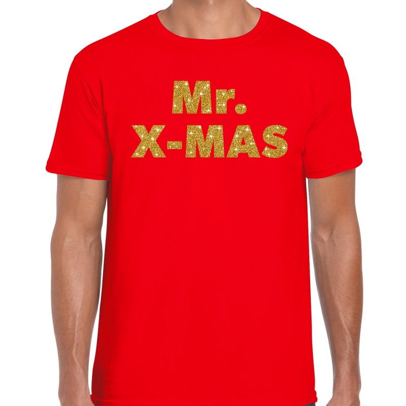 Rood Kerst shirt-kerstkleding Mr X-mas gou glitterd op rood heren