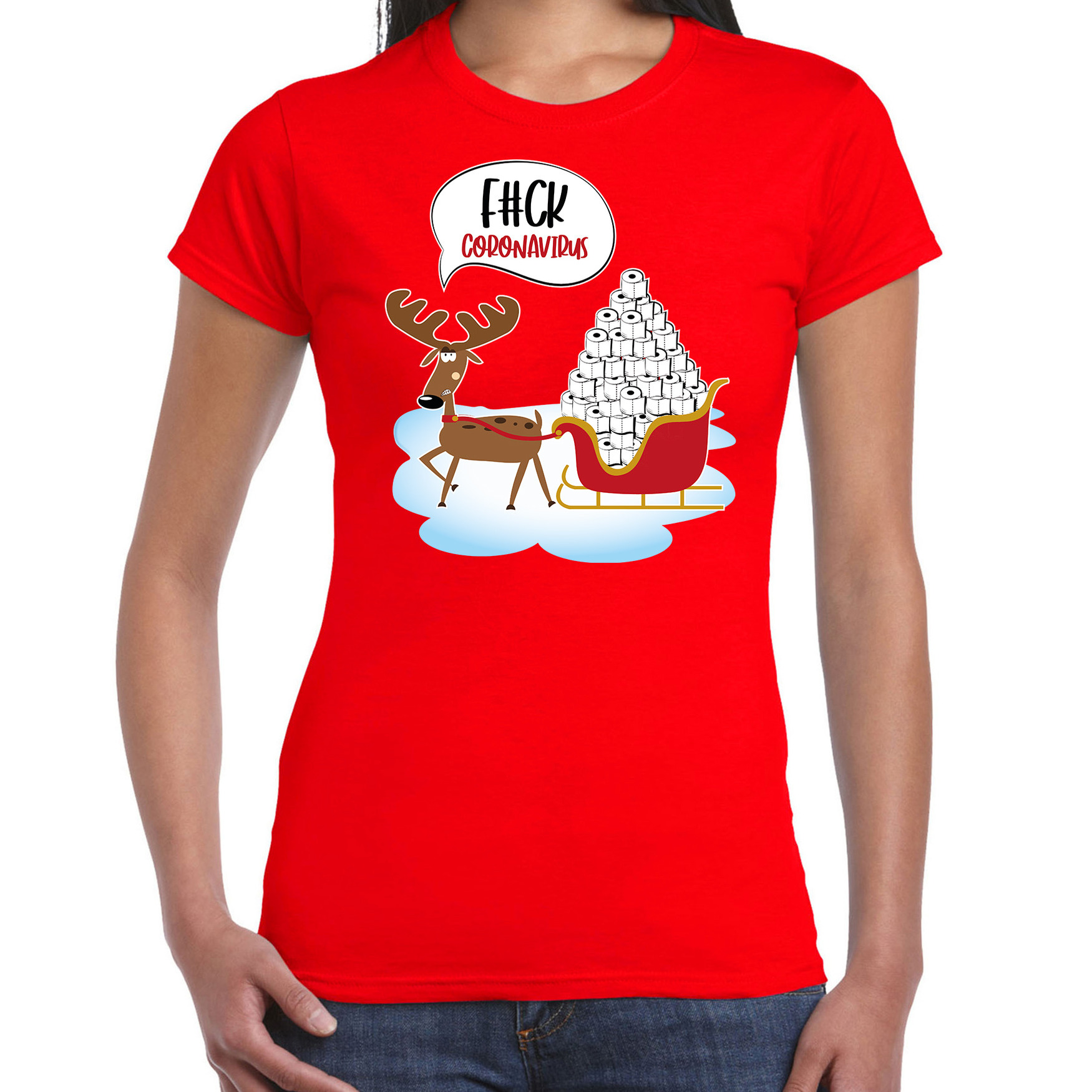 Rood Kerstshirt-Kerstkleding F#ck coronavirus voor dames