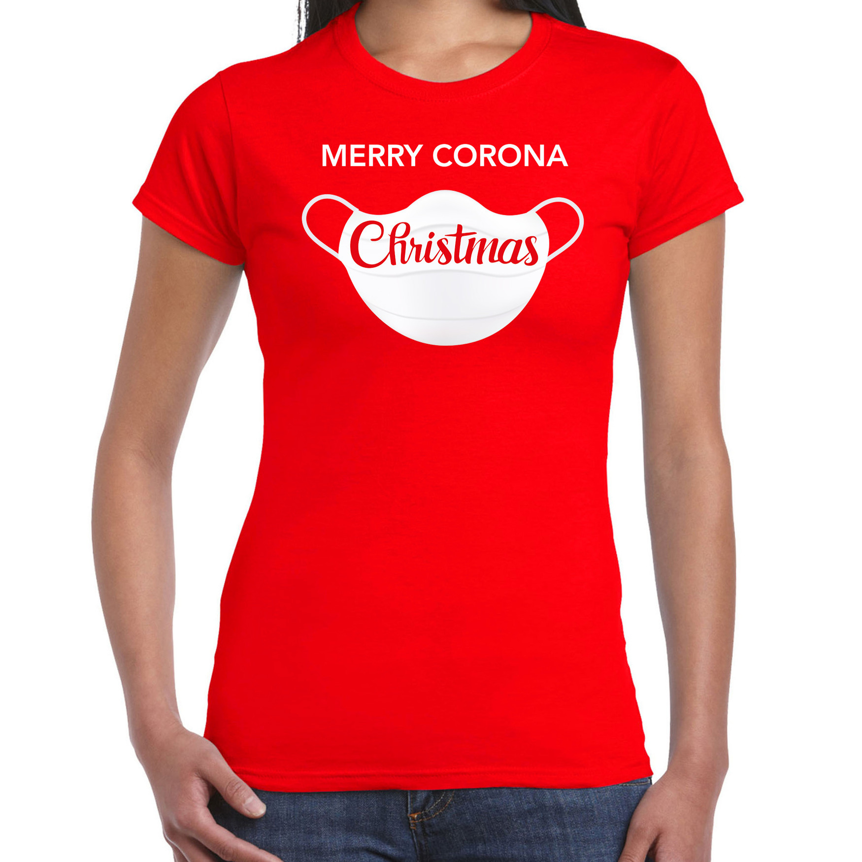 Rood Kerstshirt-Kerstkleding Merry corona Christmas voor dames