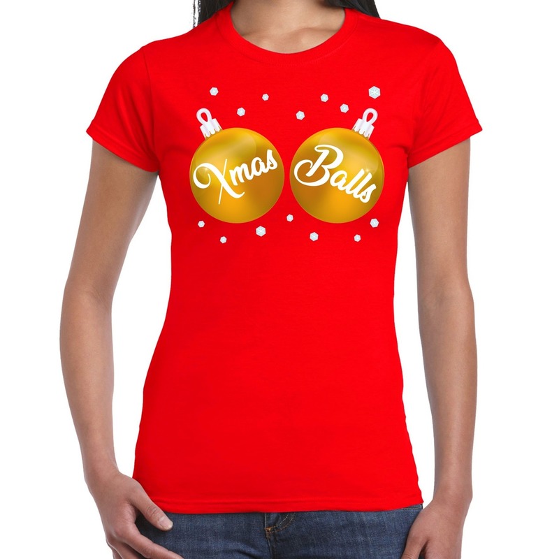 Rood kerstshirt-kerstkleding met gouden Xmas balls voor dames
