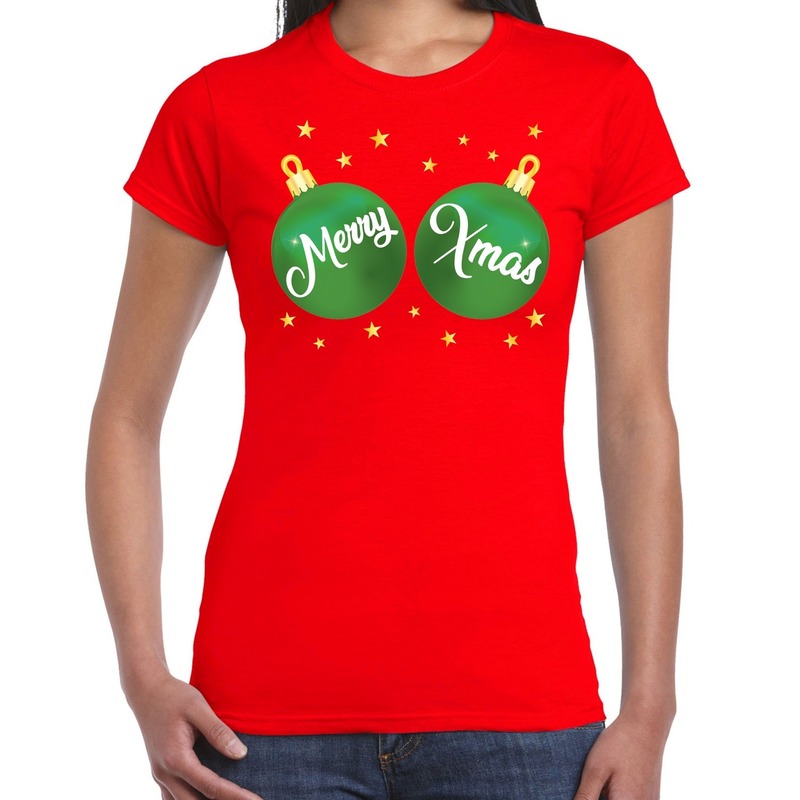 Rood kerstshirt-kerstkleding met groene merry xmas ballen voor dames