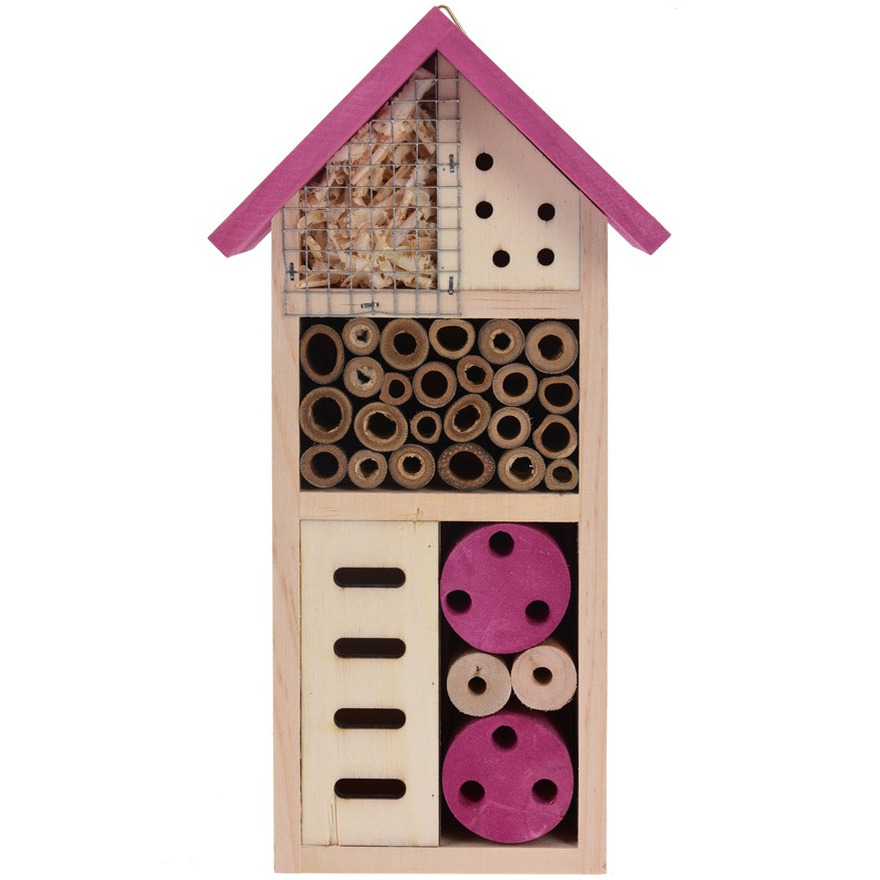 Roze huisje voor insecten 26 cm vlinderhuis-bijenhuis-wespenhotel
