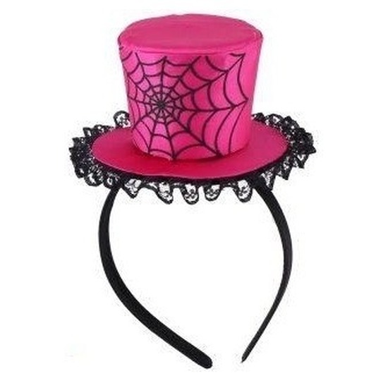 Roze verkleed haarband met mini hoed met spinnenweb voor dames