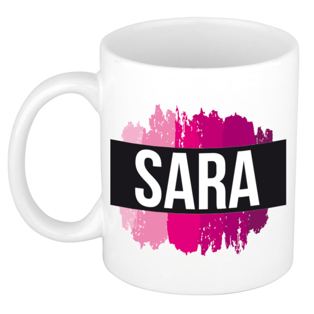 Sara naam-voornaam kado beker-mok roze verfstrepen Gepersonaliseerde mok met naam