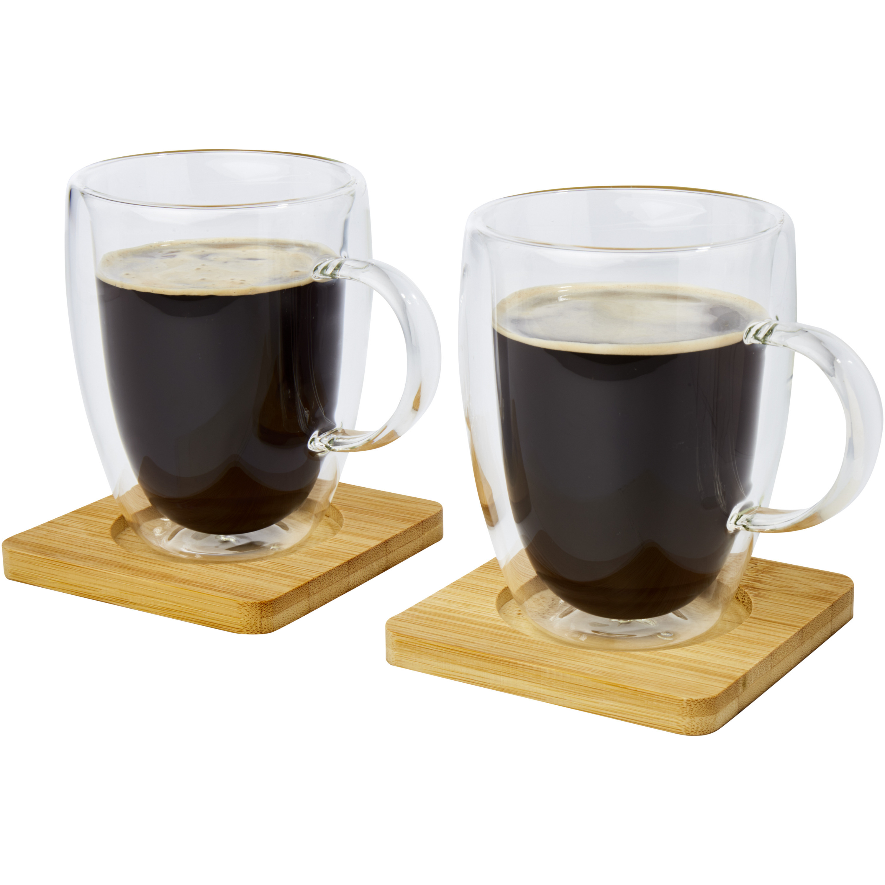 Seasons dubbelwandige koffieglazen 350 ml set van 2x stuks met bamboe onderzetters