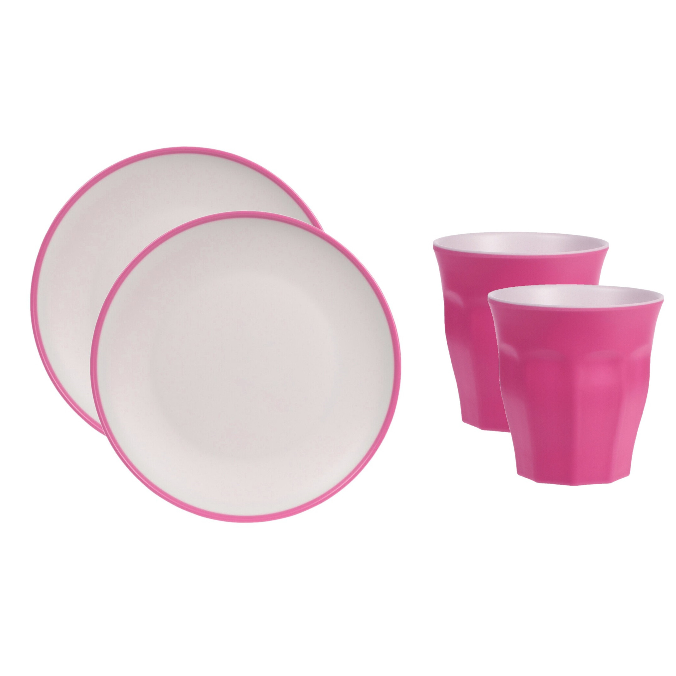 Set van 12x onbreekbare kunststof-melamine roze ontbijt bordjes-bekers