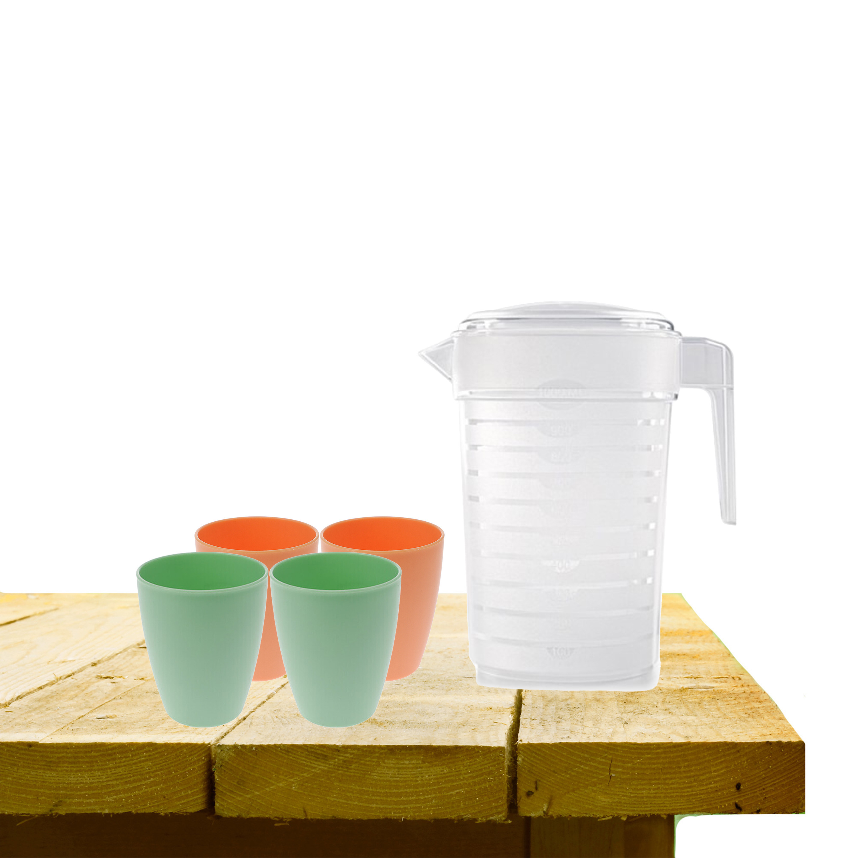 Set van 1x waterkan 1 liter met drinkbekers 2x groen en 2x oranje