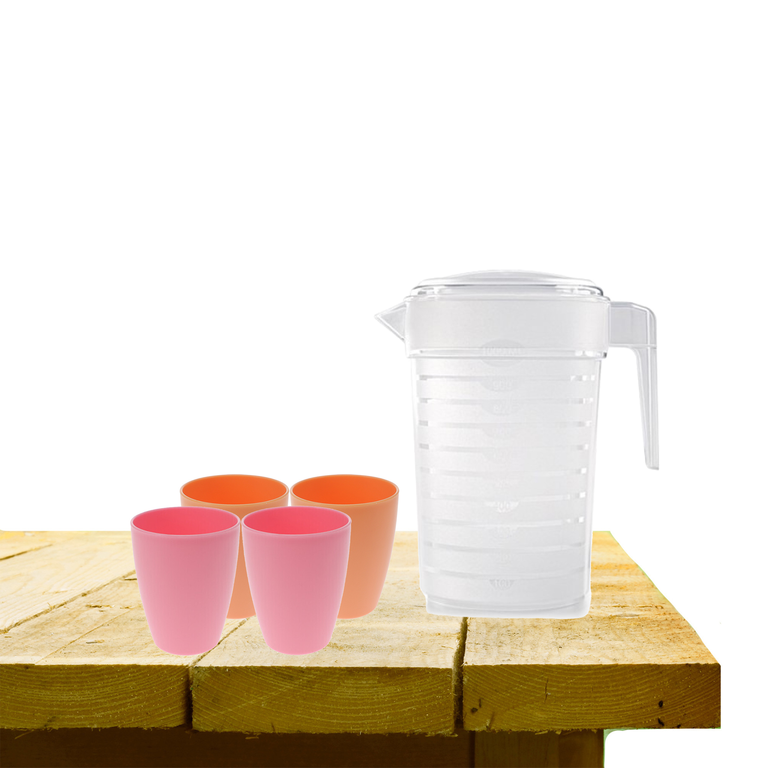 Set van 1x waterkan 1 liter met drinkbekers 2x roze en 2x oranje