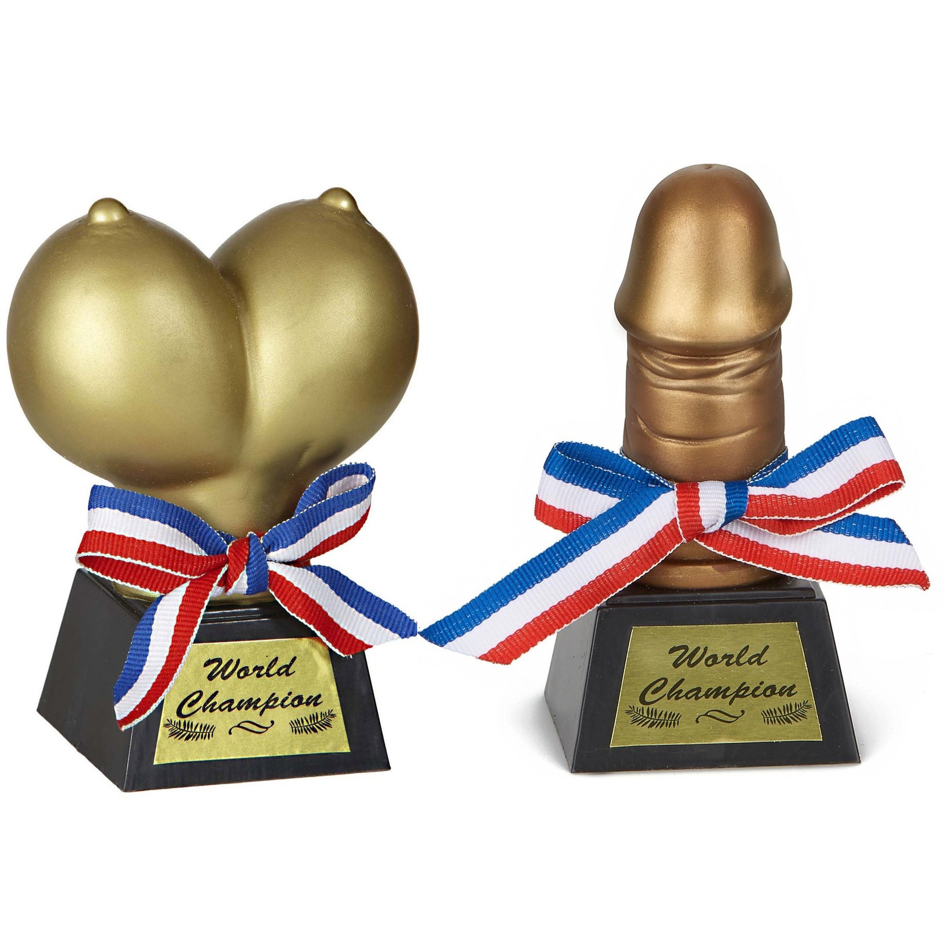 Set van 2x awards-prijzen gouden pik-piemel en borsten 13 cm