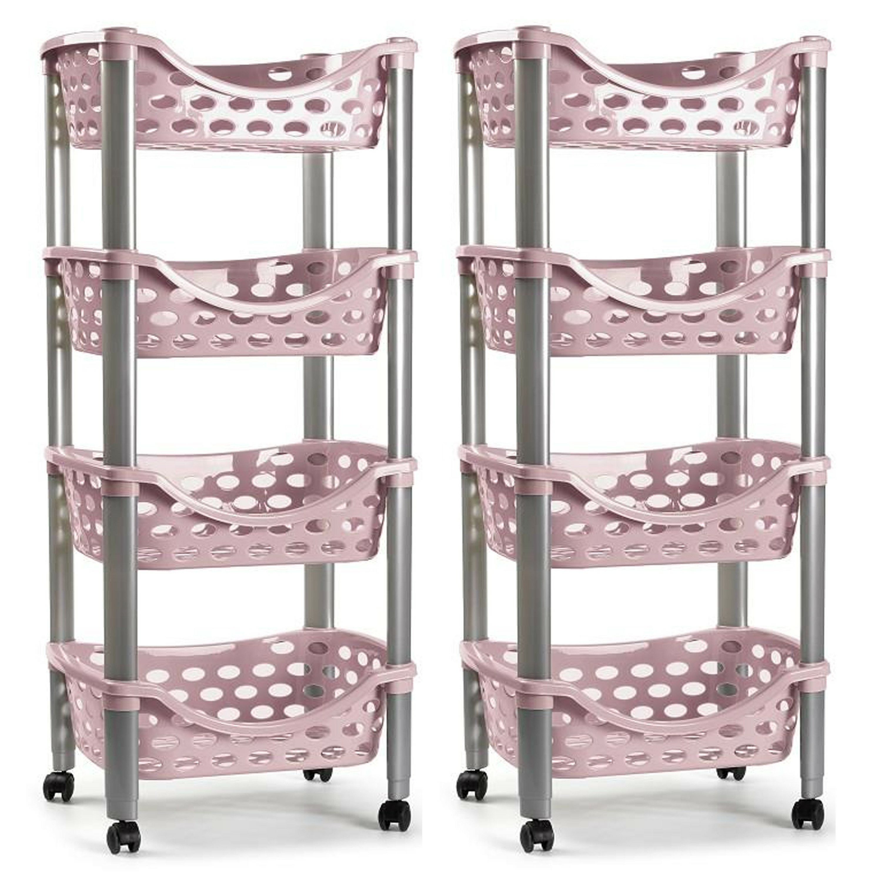 Set van 2x keukentrolley-roltafel 4 laags kunststof roze 40 x 88 cm