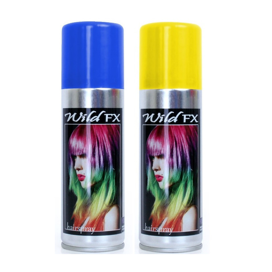 Set van 2x kleuren haarverf-haarspray van 125 ml Blauw en Geel
