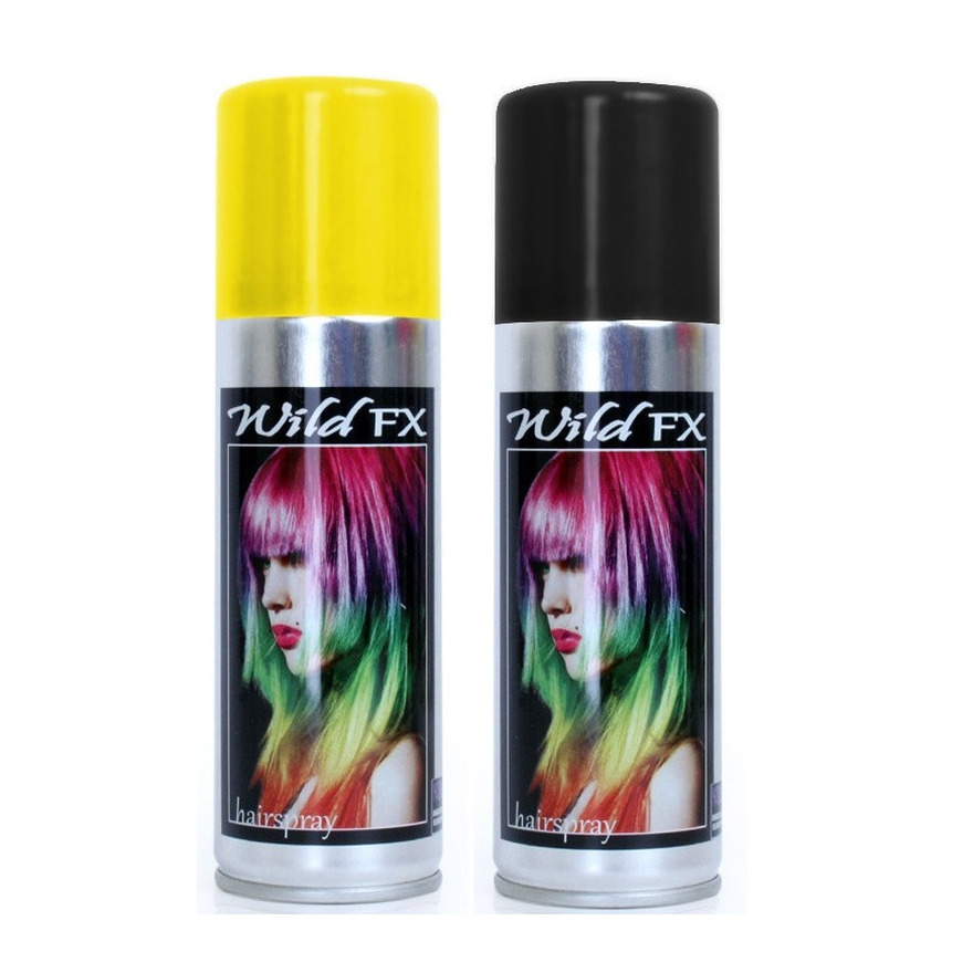 Set van 2x kleuren haarverf-haarspray van 125 ml Zwart en Geel