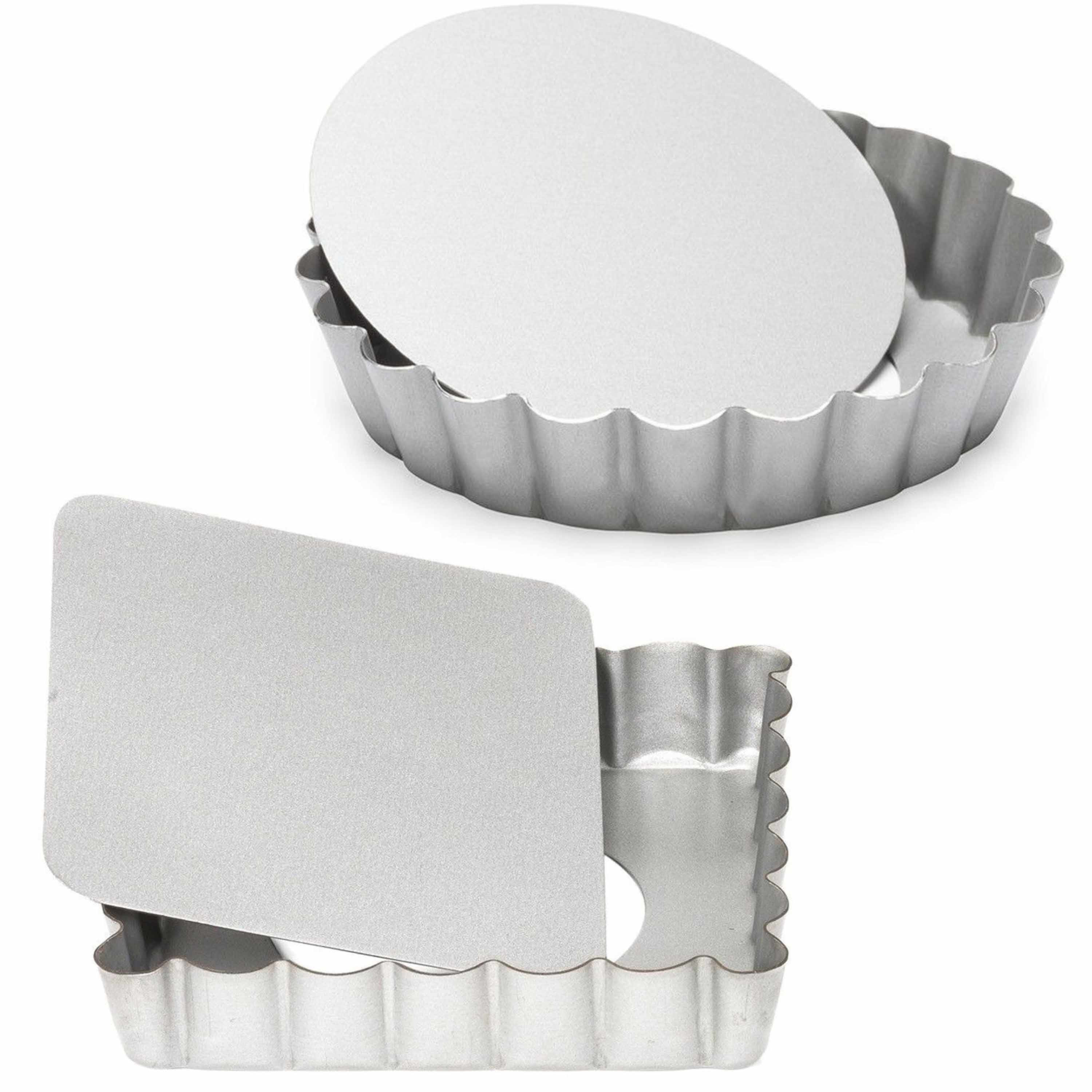 Set van 2x mini taart-quiche bakvormen vierkant en rond zilver 10 cm