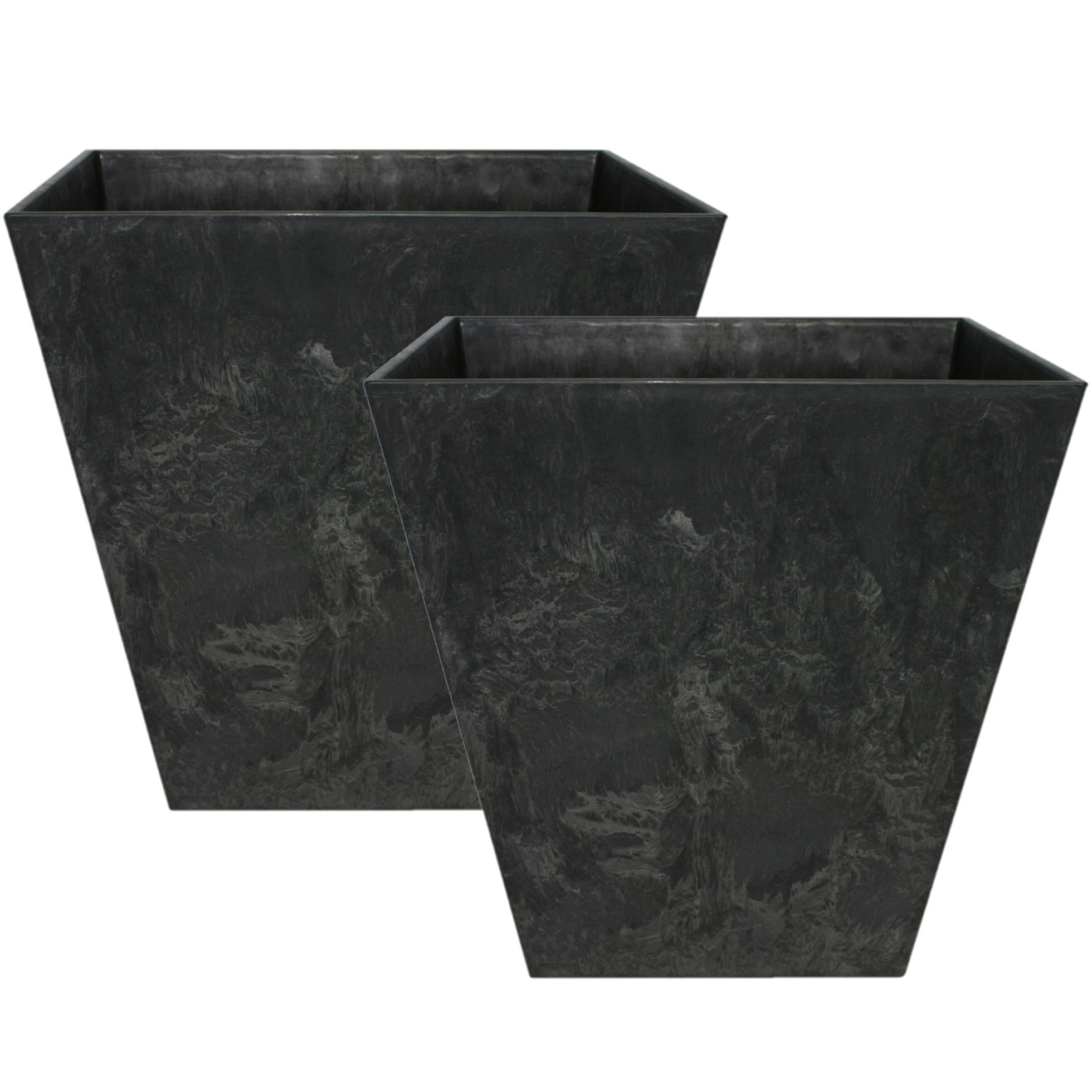 Set van 2x stuks bloempot-plantenpot vierkant van gerecycled kunststof zwart D30 en H30 cm