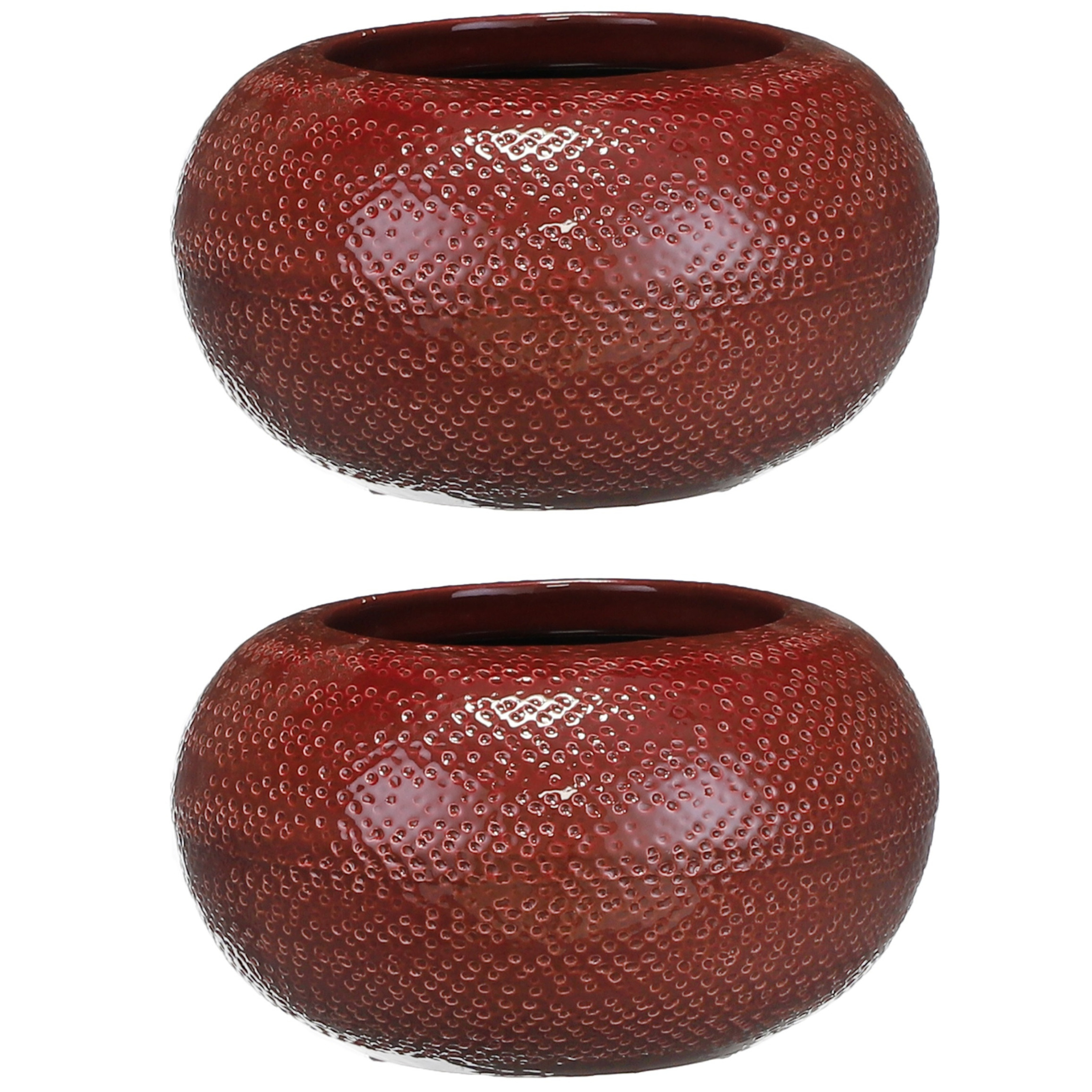 Set van 2x stuks bloempotten schalen bordeaux rood ribbels keramiek voor kamerplant H13 x D23 cm