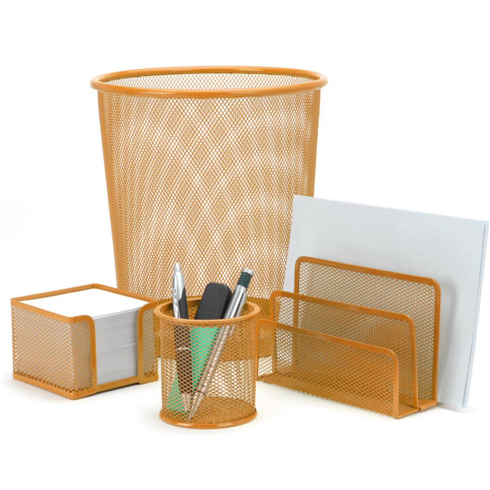 Set van 2x stuks bureauset oranje van metaal met prullenbak en pennenbakje