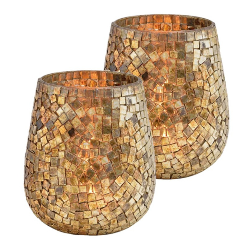 Set van 2x stuks glazen design windlicht-kaarsenhouder mozaiek champagne goud 15 x 13 cm