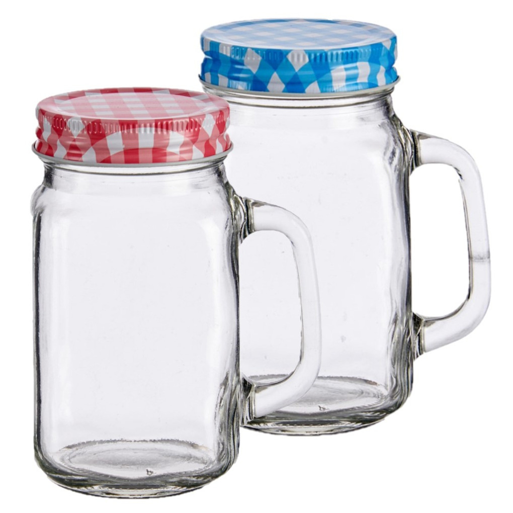 Set van 2x stuks glazen Mason Jar drinkbekers-drinkpotjes met gekleurde dop 430 ml