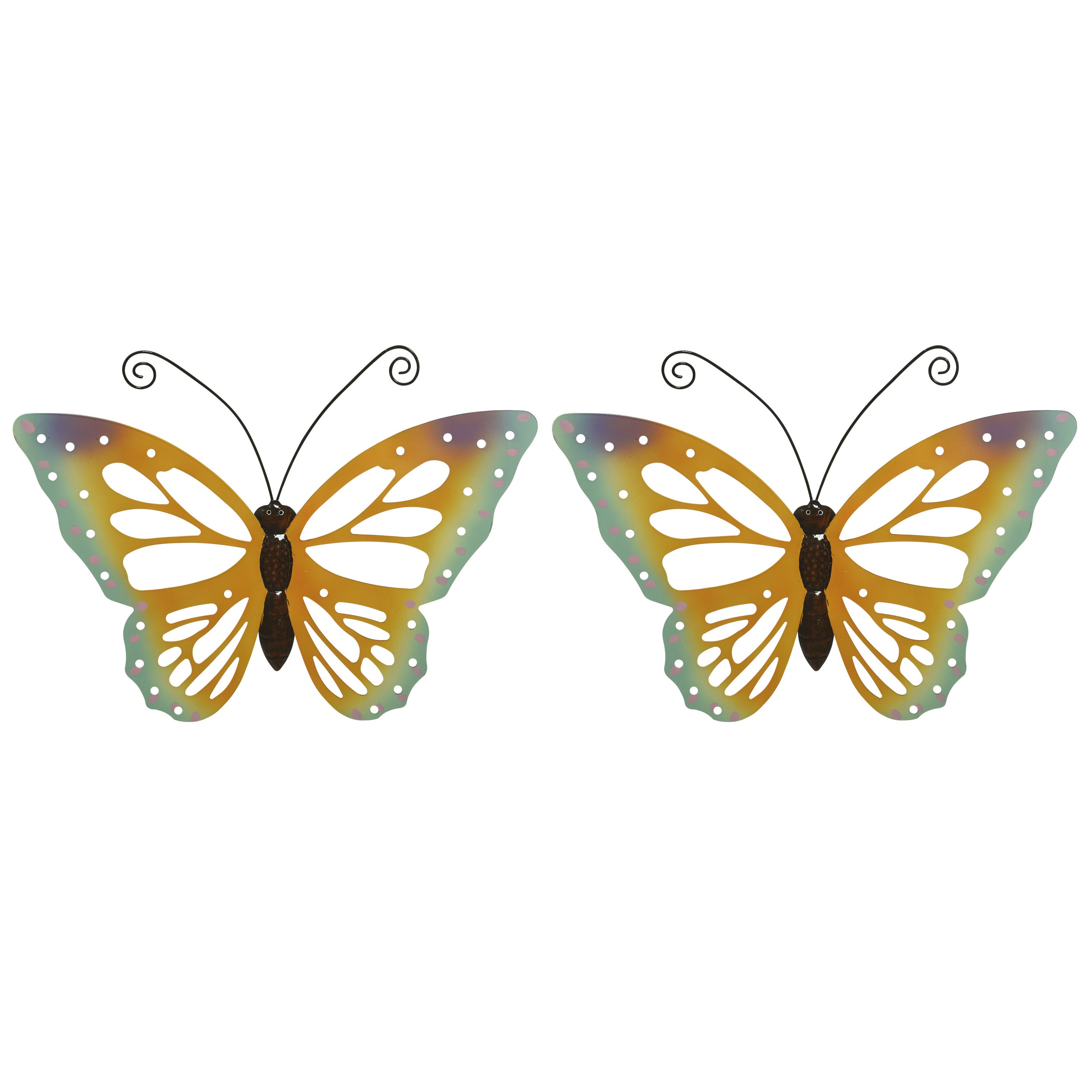 Set van 2x stuks grote oranje-gele vlinders-muurvlinders 51 x 38 cm cm tuindecoratie