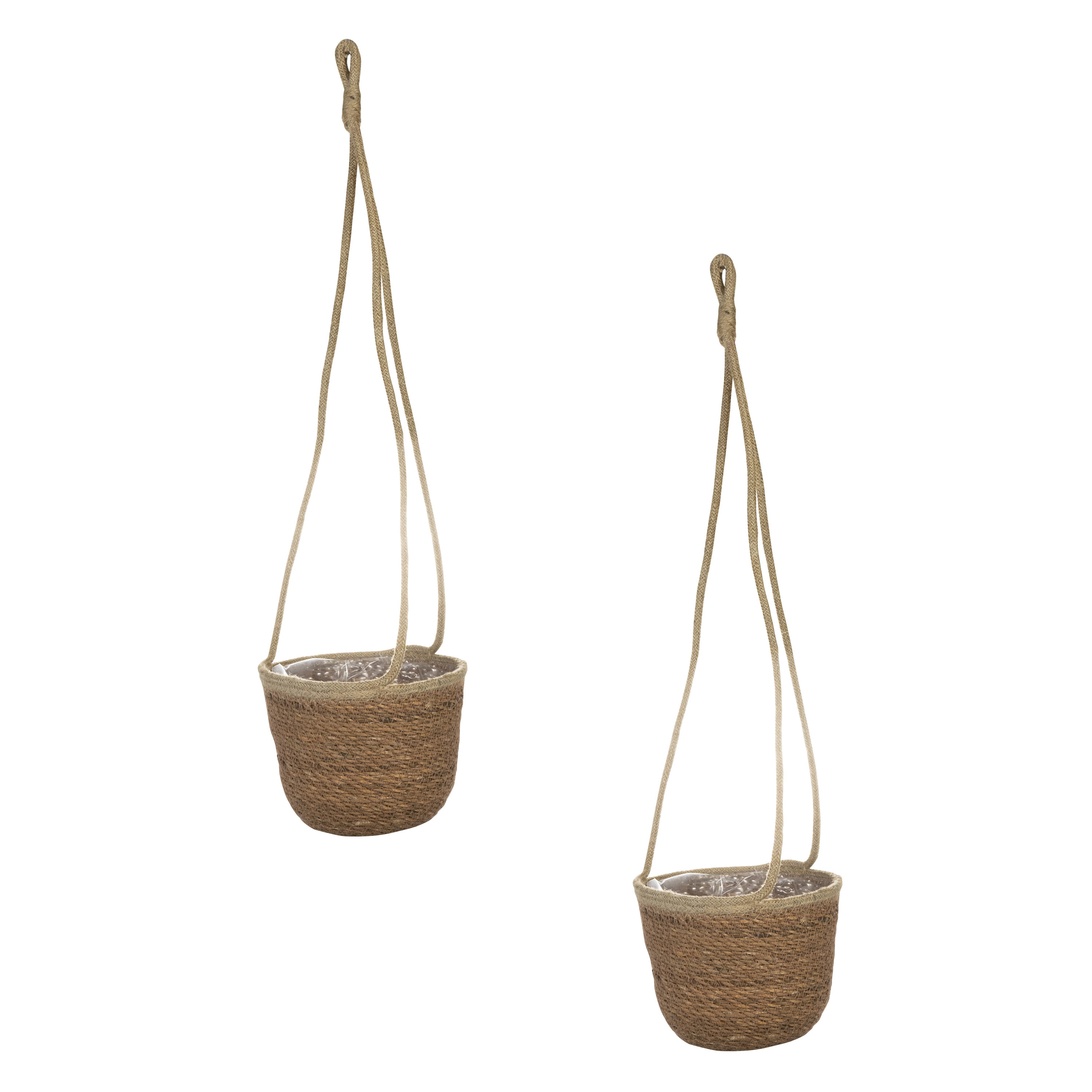 Set van 2x stuks hangende plantenpot-bloempot van jute-zeegras dia 17 cm en hoogte 14 cm camel bruin