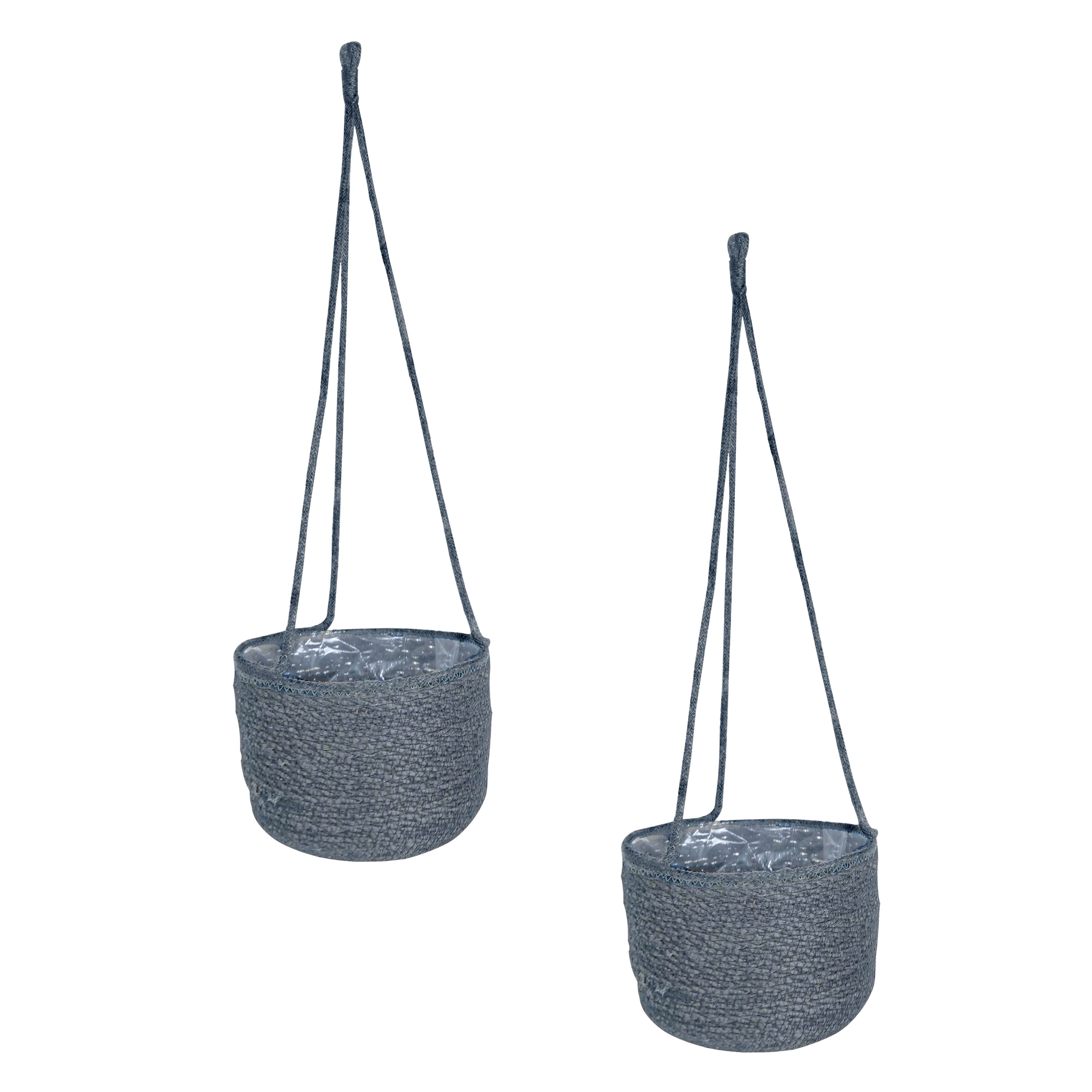 Set van 2x stuks hangende plantenpot-bloempot van jute-zeegras diameter 19 cm en hoogte 17 cm grijs