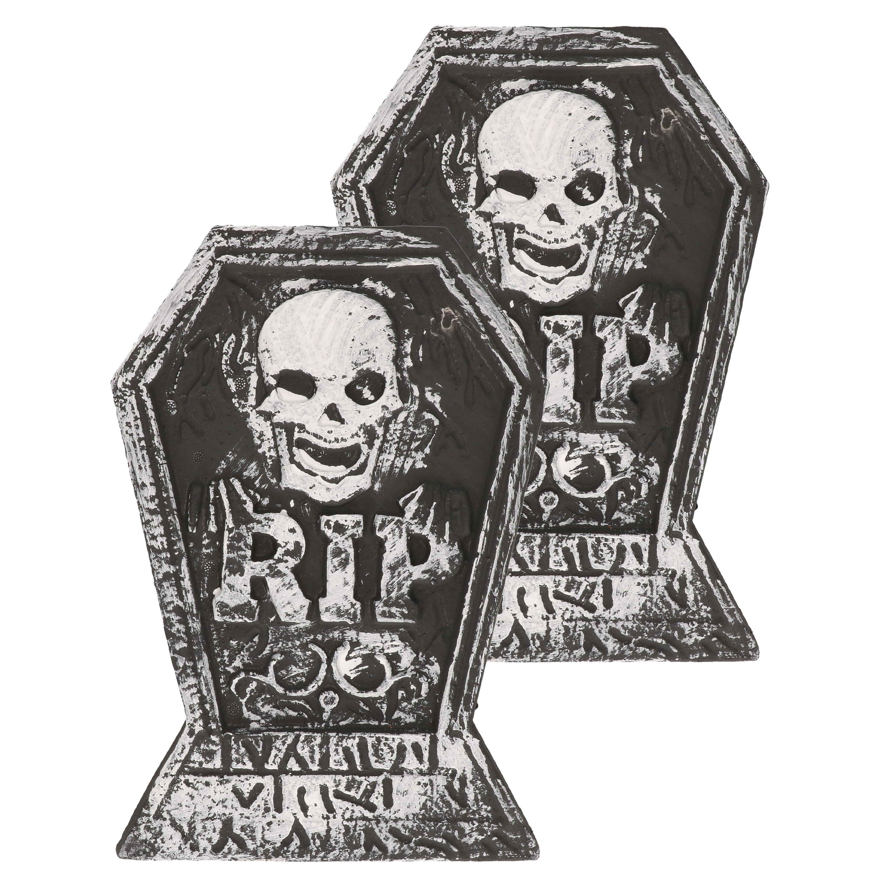 Set van 2x stuks horror kerkhof decoratie grafsteen RIP met schedel 38 x 27 cm