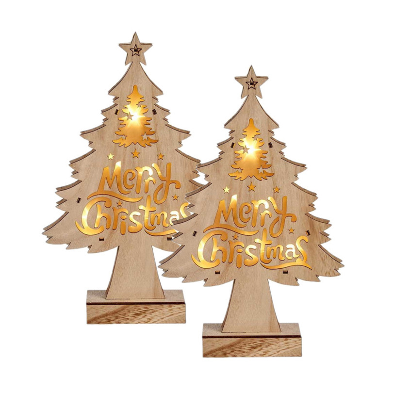 Set van 2x stuks houten kerstboompjes decoratie van 32 cm met LED verlichting Merry Christmas wish