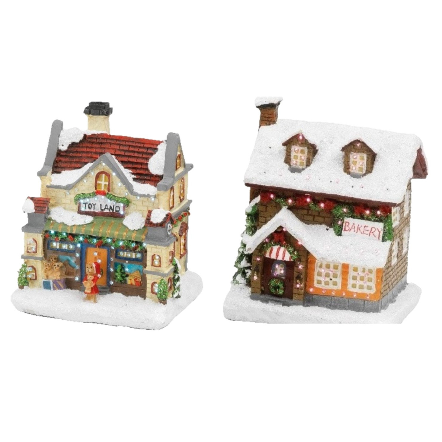 Set van 2x stuks Kerstdorp kersthuisjes bakkerij en speelgoedwinkel met verlichting 12,5 cm