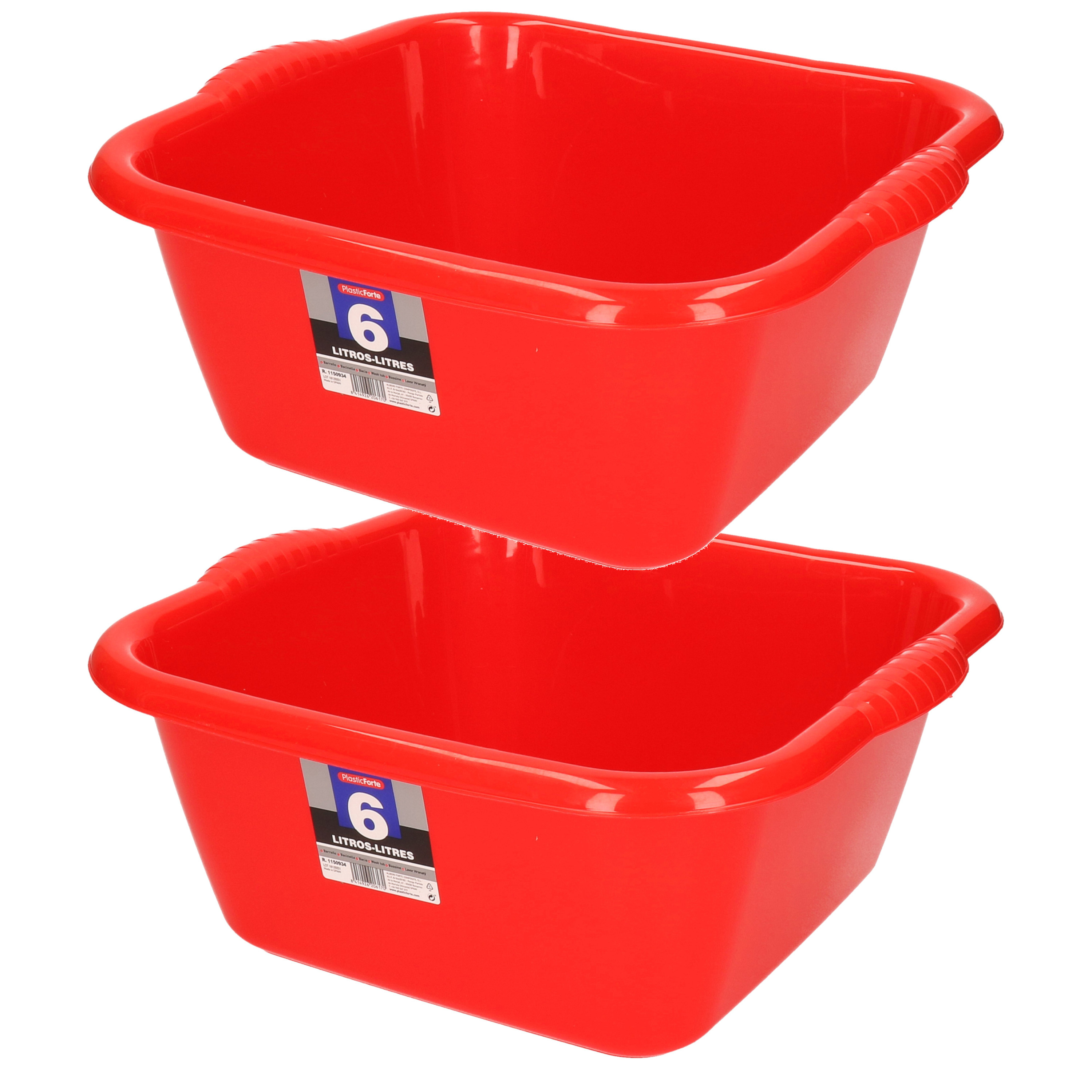 Set van 2x stuks kunststof teiltjes-afwasbakken vierkant 6 liter rood