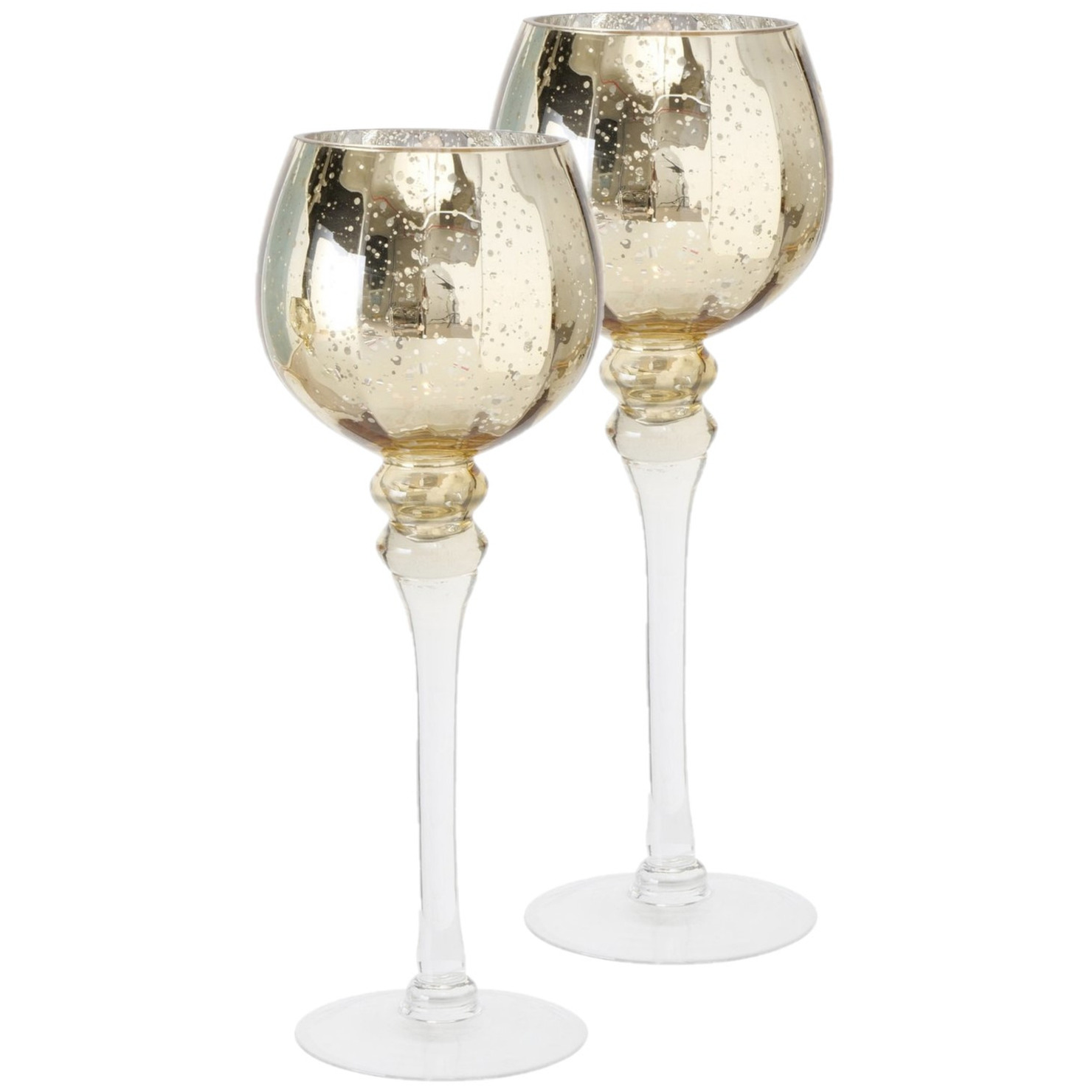 Set van 2x stuks luxe glazen design kaarsenhouder-windlicht metallic goud transparant 35 cm