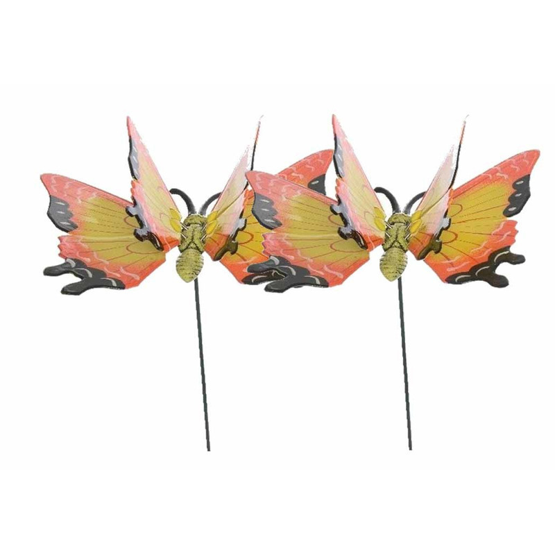 Set van 2x stuks metalen vlinder geel-oranje 11 x 70 cm op steker