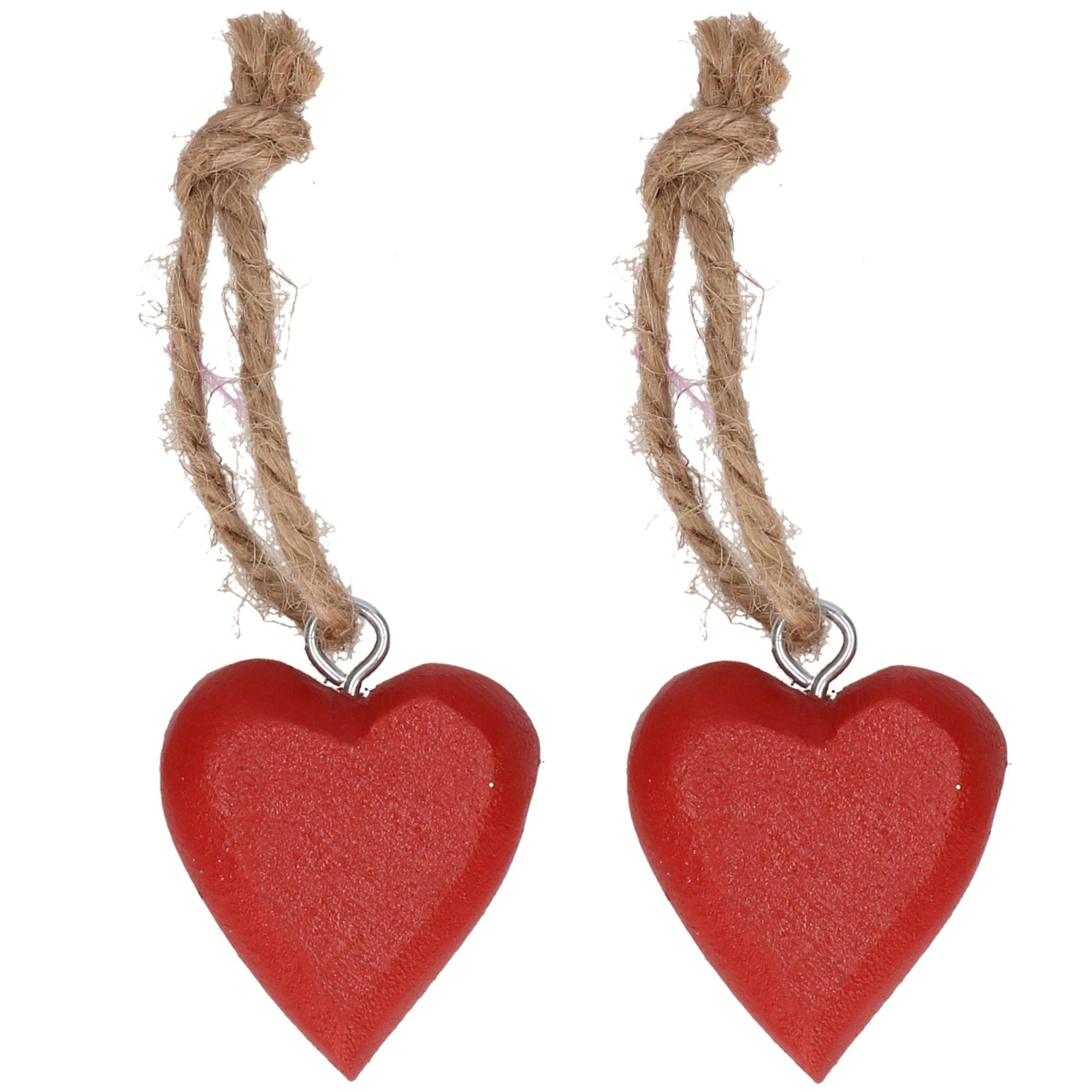 Set van 2x stuks rode hartjes hangertjes aan touwtje 5 cm