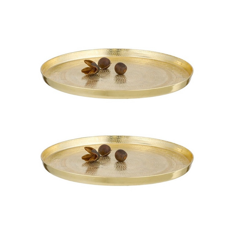 Set van 2x stuks rond kaarsenbord-kaarsenplateau goud gehamerd metaal 21 cm