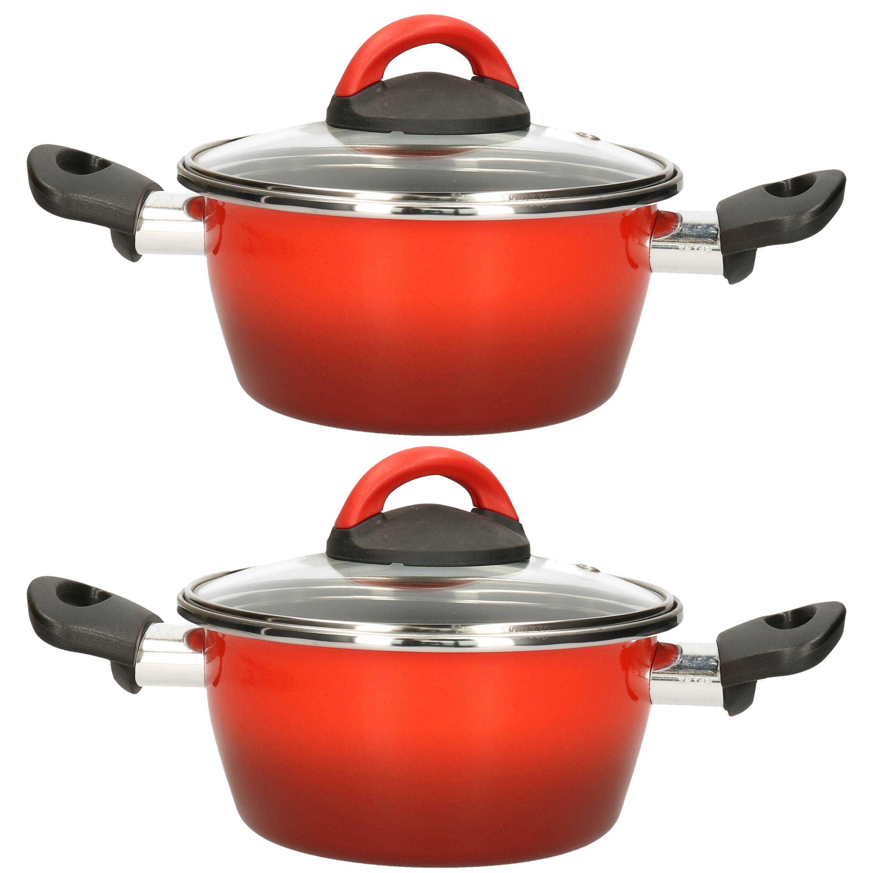 Set van 2x stuks rvs rode kookpan-pan met glazen deksel 16 cm 1 liter