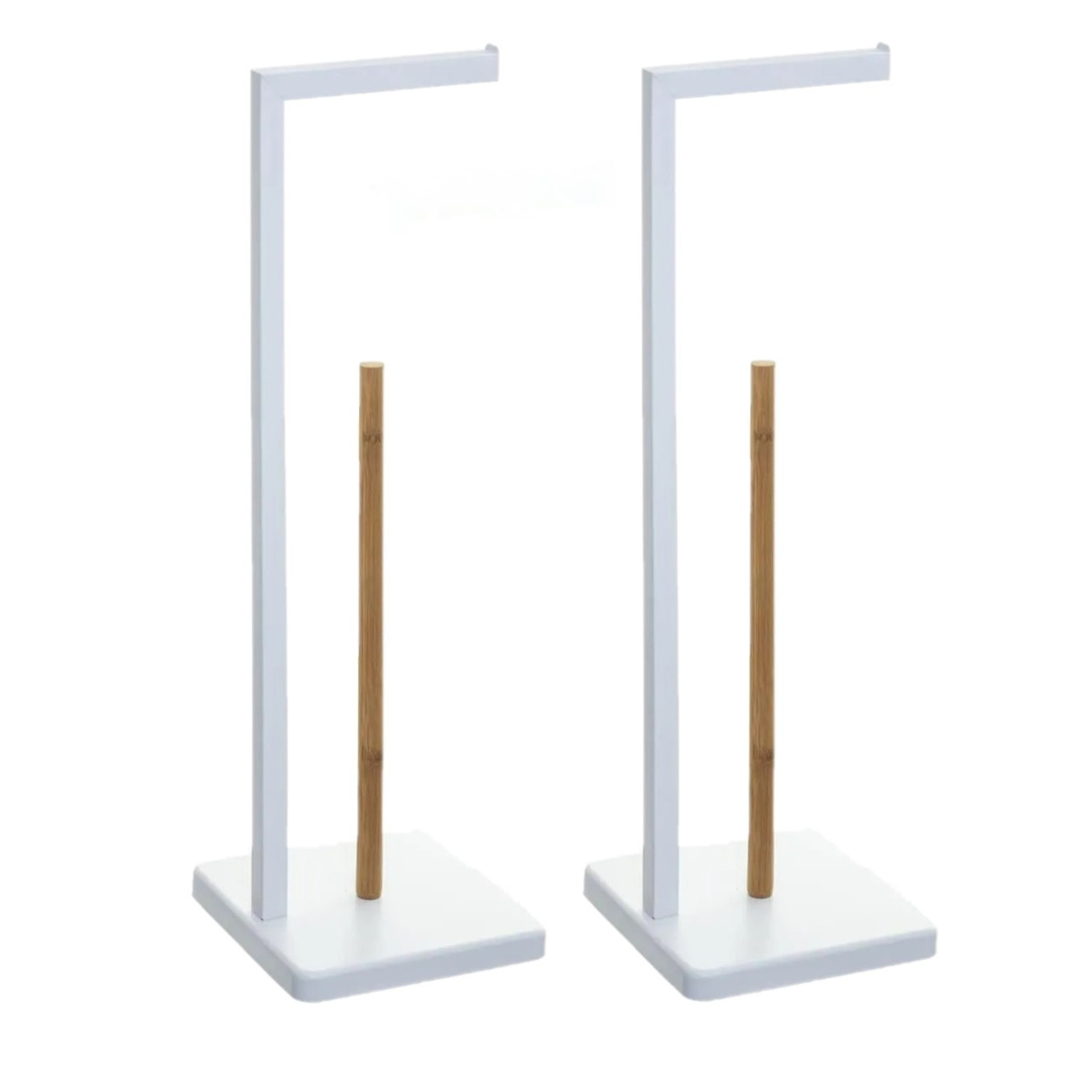 Set van 2x stuks staande wc-toiletrolhouders met reservoir wit 64,5 cm van metaal-bamboe