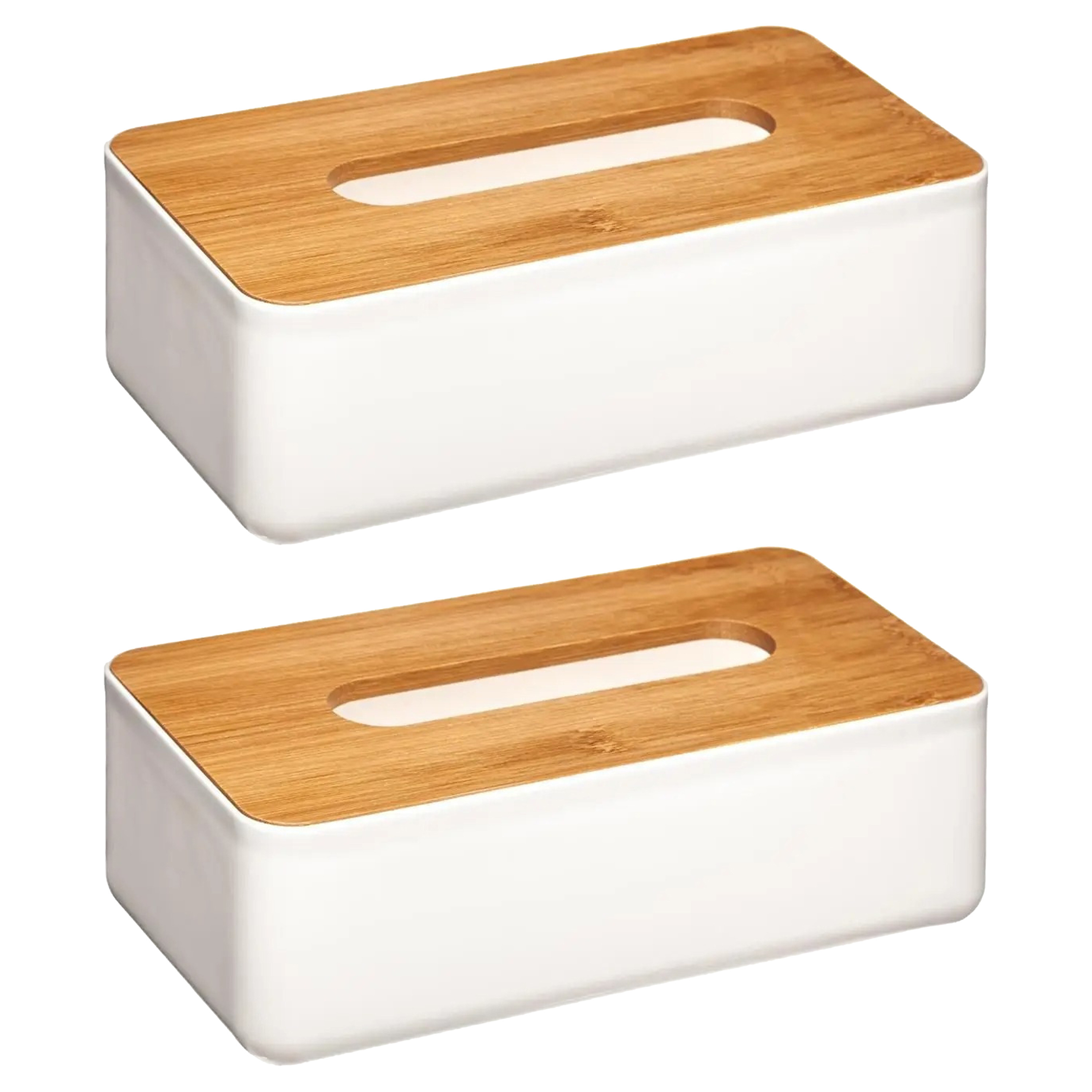 Set van 2x stuks tissuedozen-tissueboxen wit kunststof met bamboe deksel 26 x 13 cm