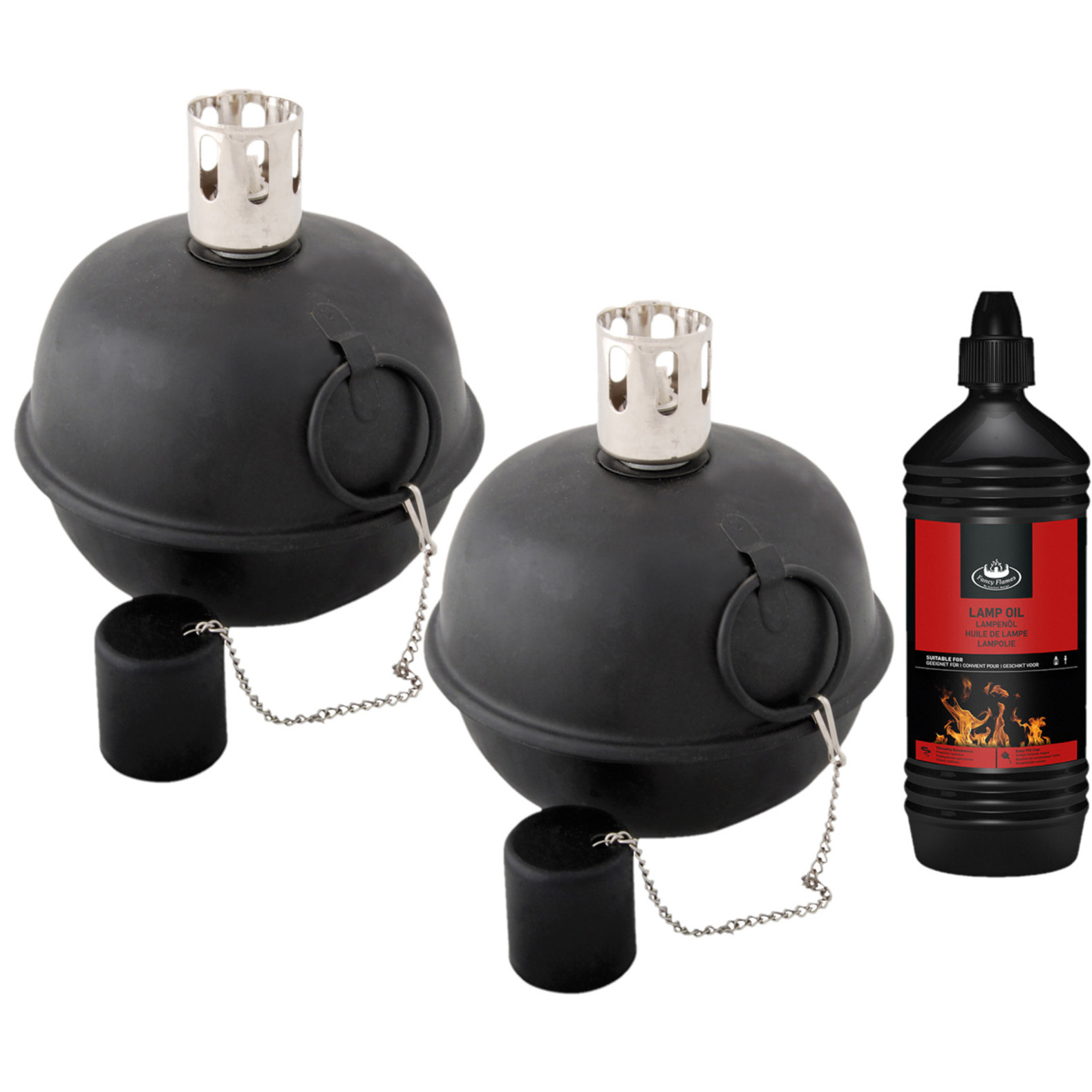 Set van 2x stuks tuimeltoorts-olielamp zwart met heldere lampenolie-fakkelolie