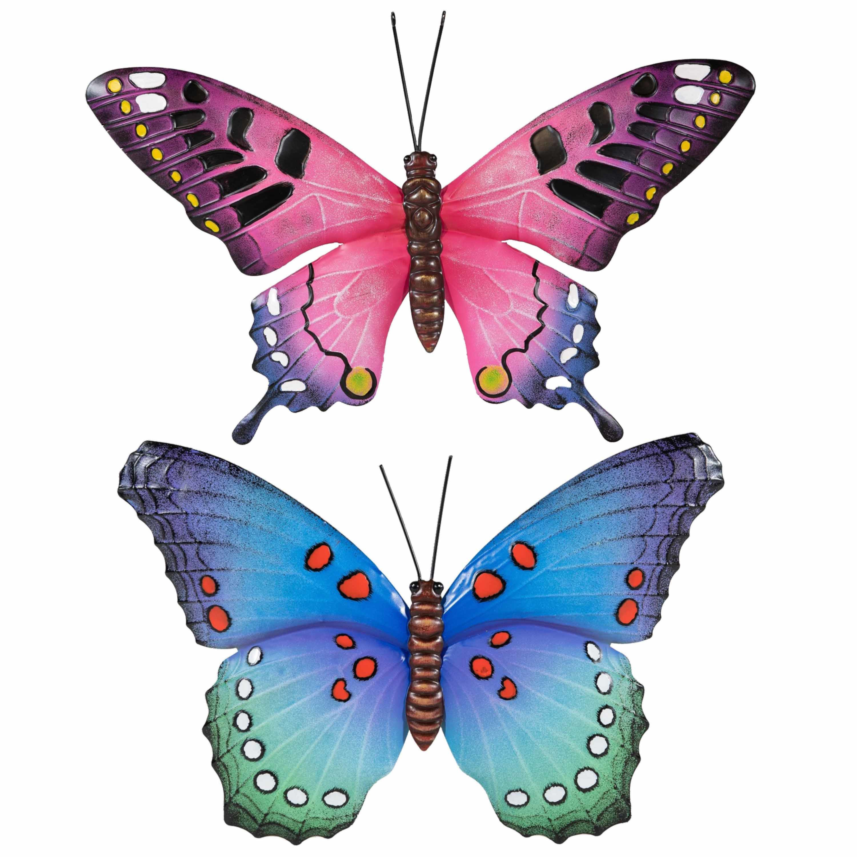Set van 2x stuks tuindecoratie muur-wand vlinders van metaal in blauw en roze tinten 48 x 30 cm