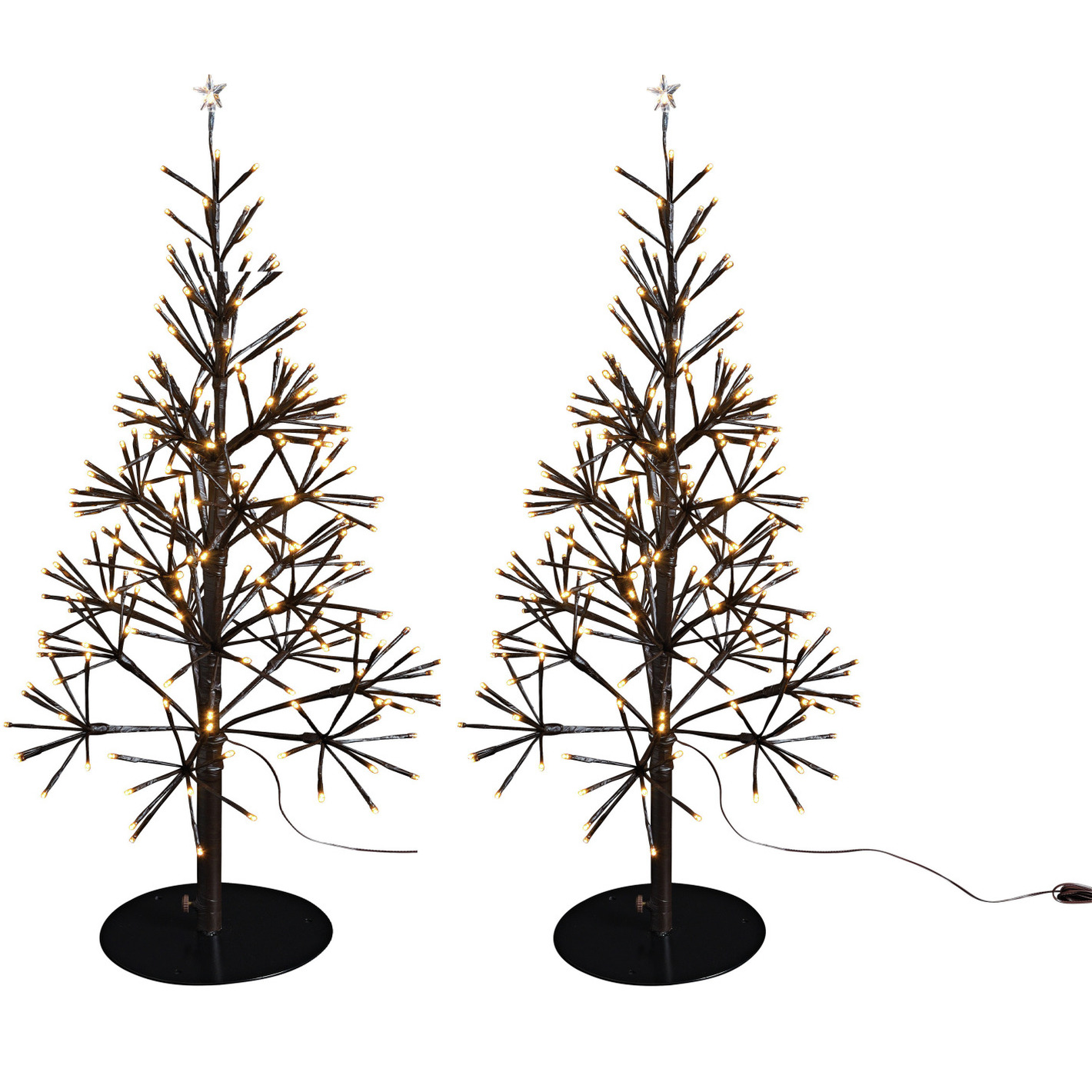 Set van 2x stuks verlichte bruine lichtbomen-kunststof bomen-kerstbomen met 380 led lichtjes 108 cm