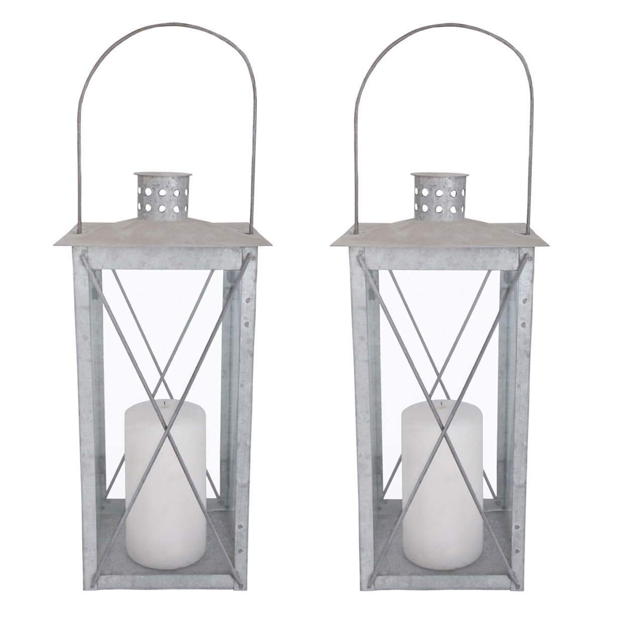 Set van 2x stuks zilveren tuin lantaarn-windlicht van zink 17,2 x 17,2 x 36,5 cm