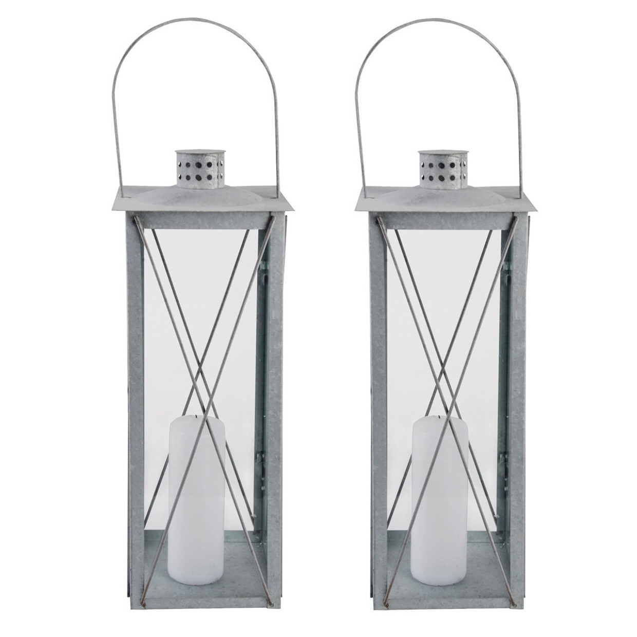 Set van 2x stuks zilveren tuin lantaarn-windlicht van zink 19,8 x 19,8 x 51,3 cm