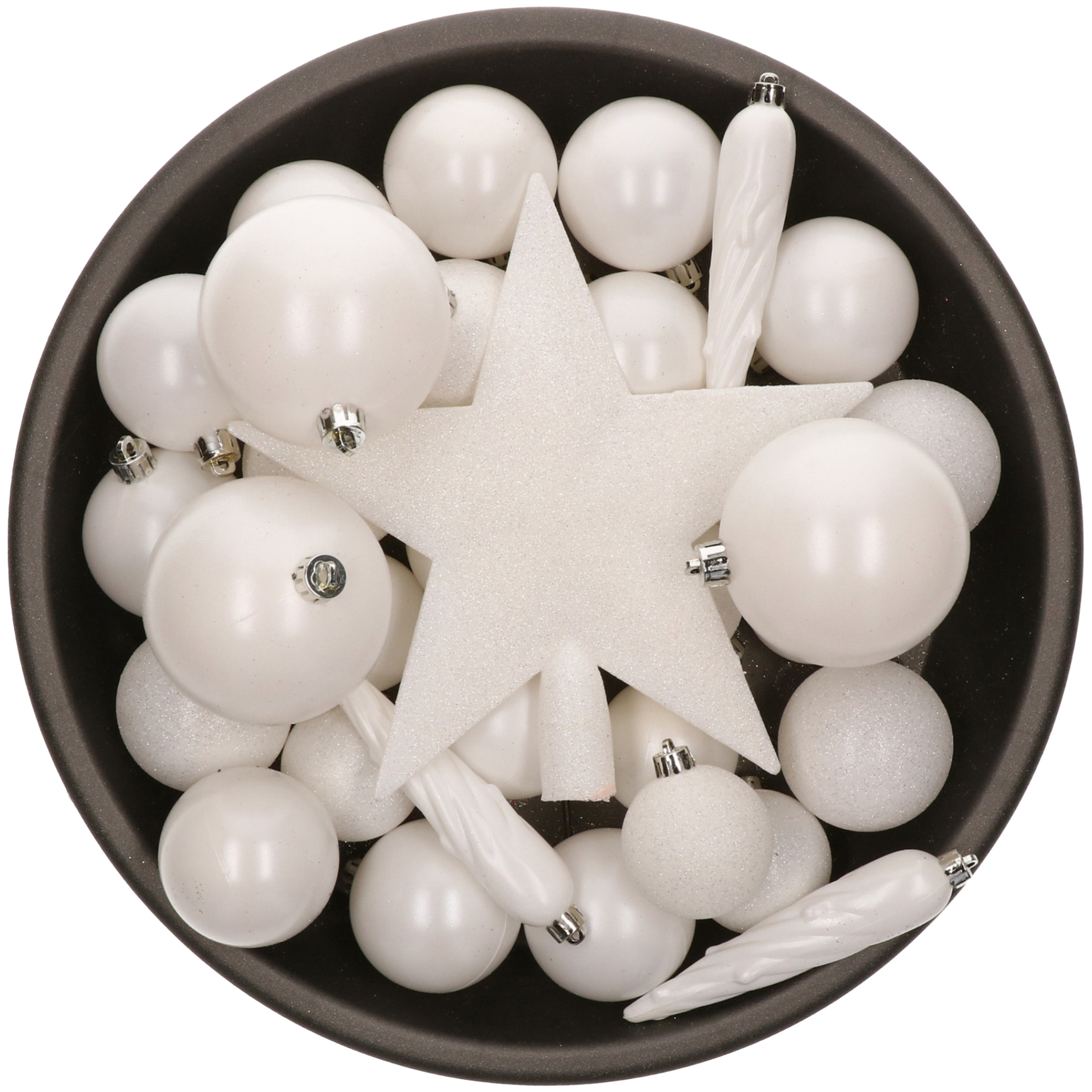 Set van 33x stuks kunststof kerstballen met ster piek wit mix