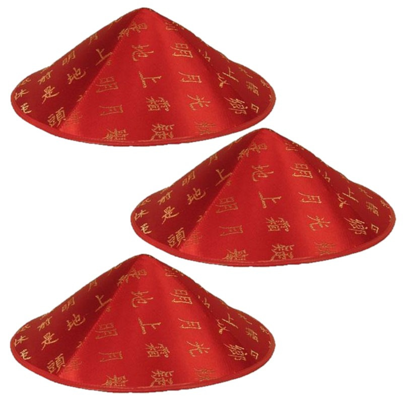 Set van 3x aziatische-chinese hoedje rood met gouden tekens-letters