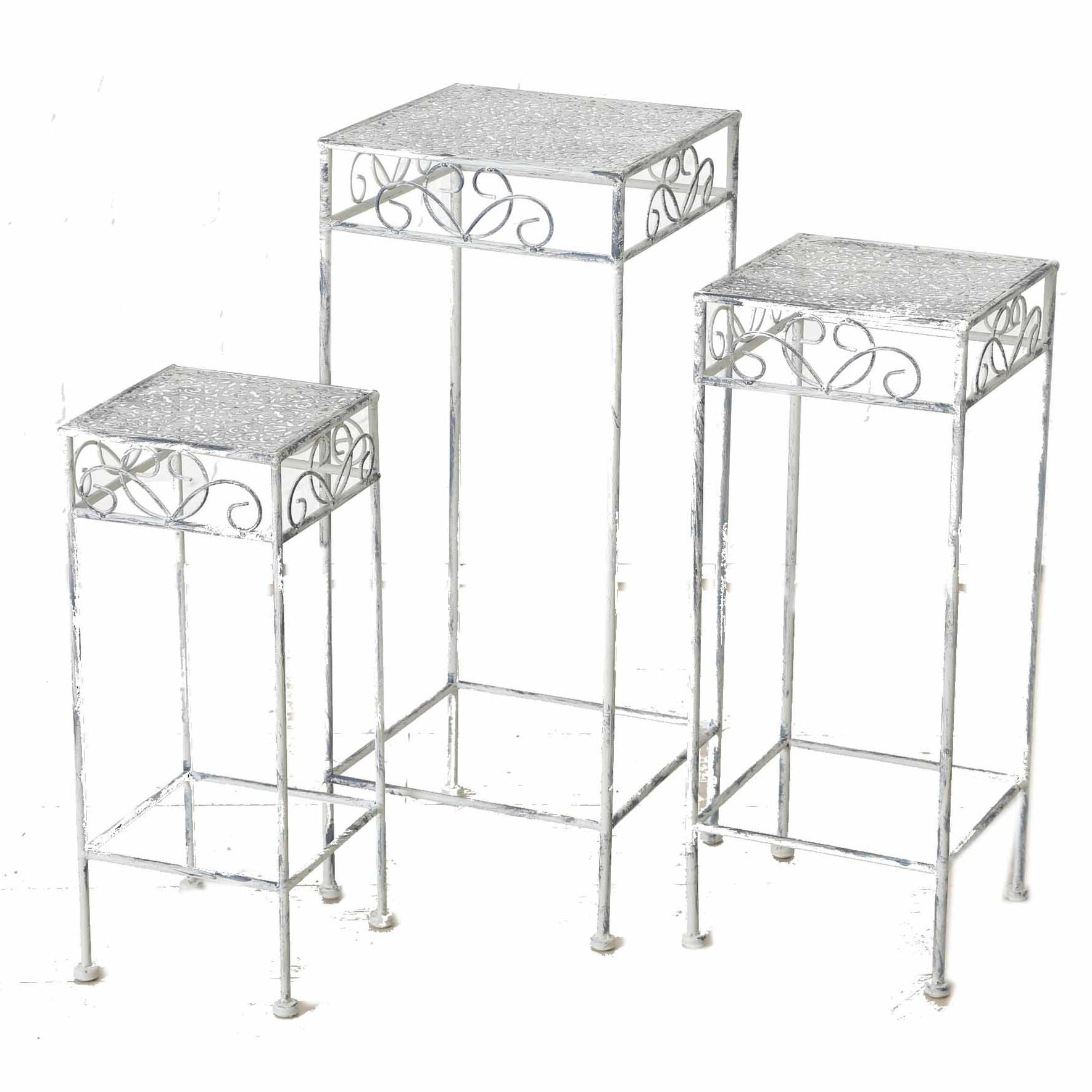 Set van 3x lichtgrijze vierkante brocante plantentafels-plantenstandaards 50-60-70 cm type Lilli