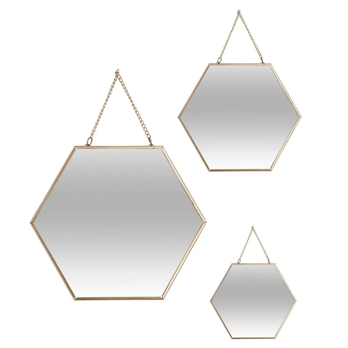 Set van 3x spiegels-wandspiegels hexagon metaal goud met ketting