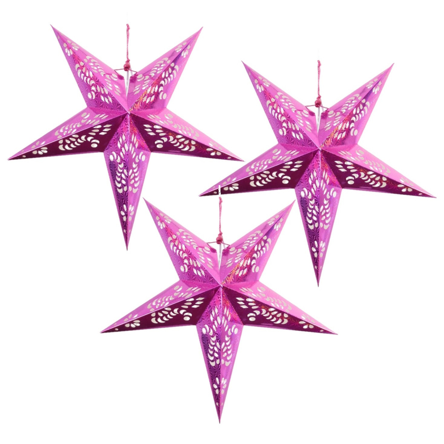Set van 3x stuks decoratie kerstster lampionnen roze 60 cm